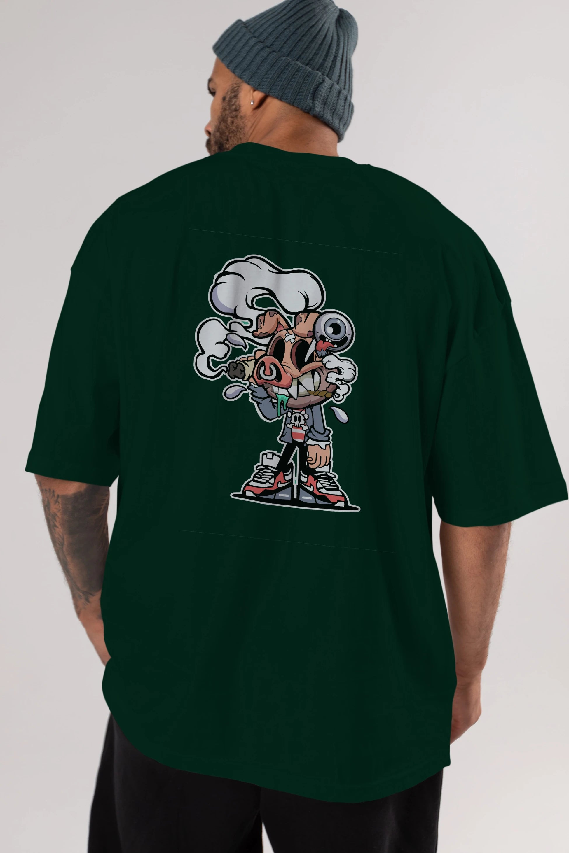 Pig Smoker Arka Baskılı Oversize t-shirt Erkek Kadın Unisex %100 Pamuk tişort