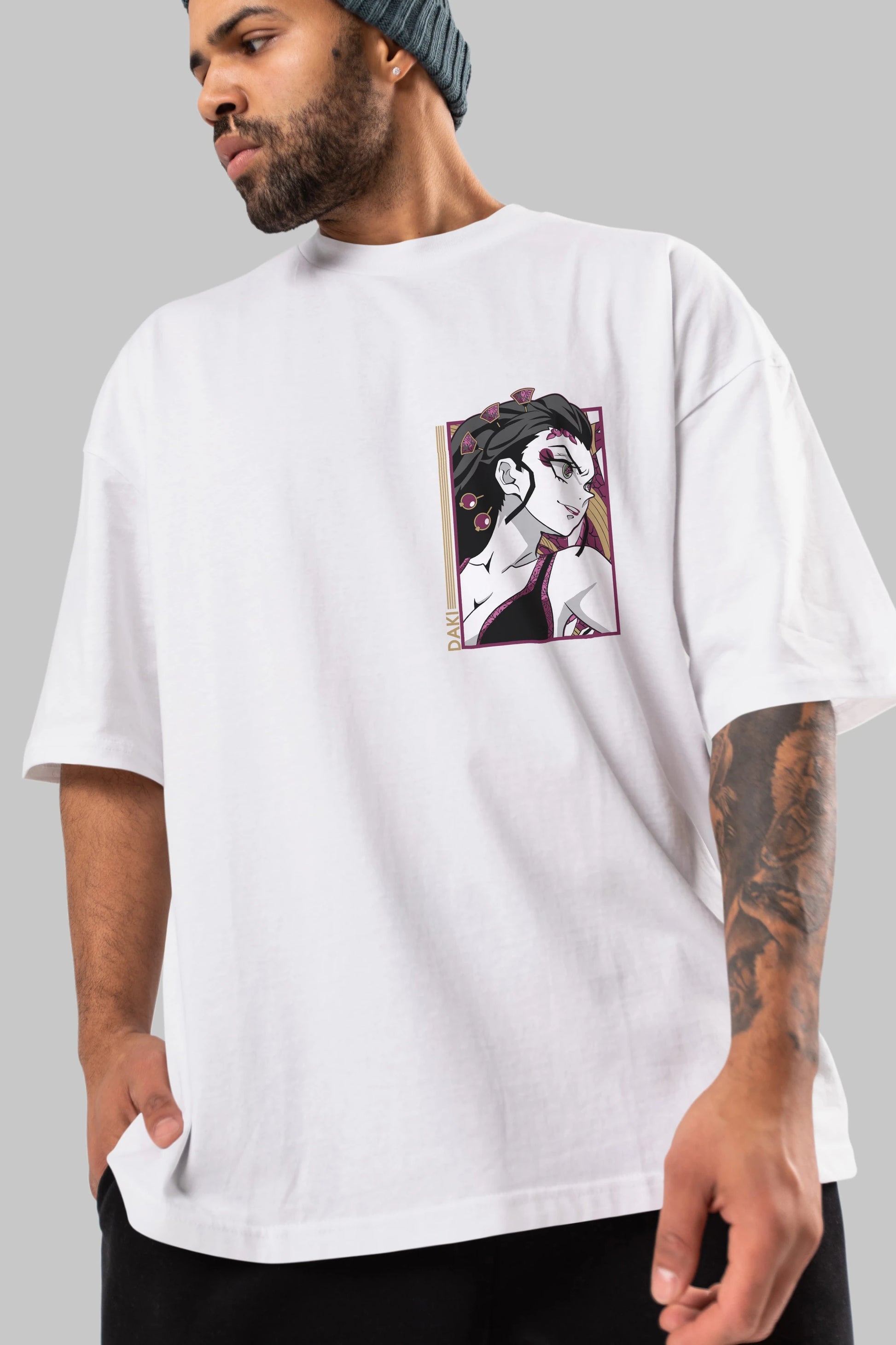Daki DEMION SLAYER Ön Sol Baskılı Oversize t-shirt Erkek Kadın Unisex %100 Pamuk Bisiklet Yaka tişort