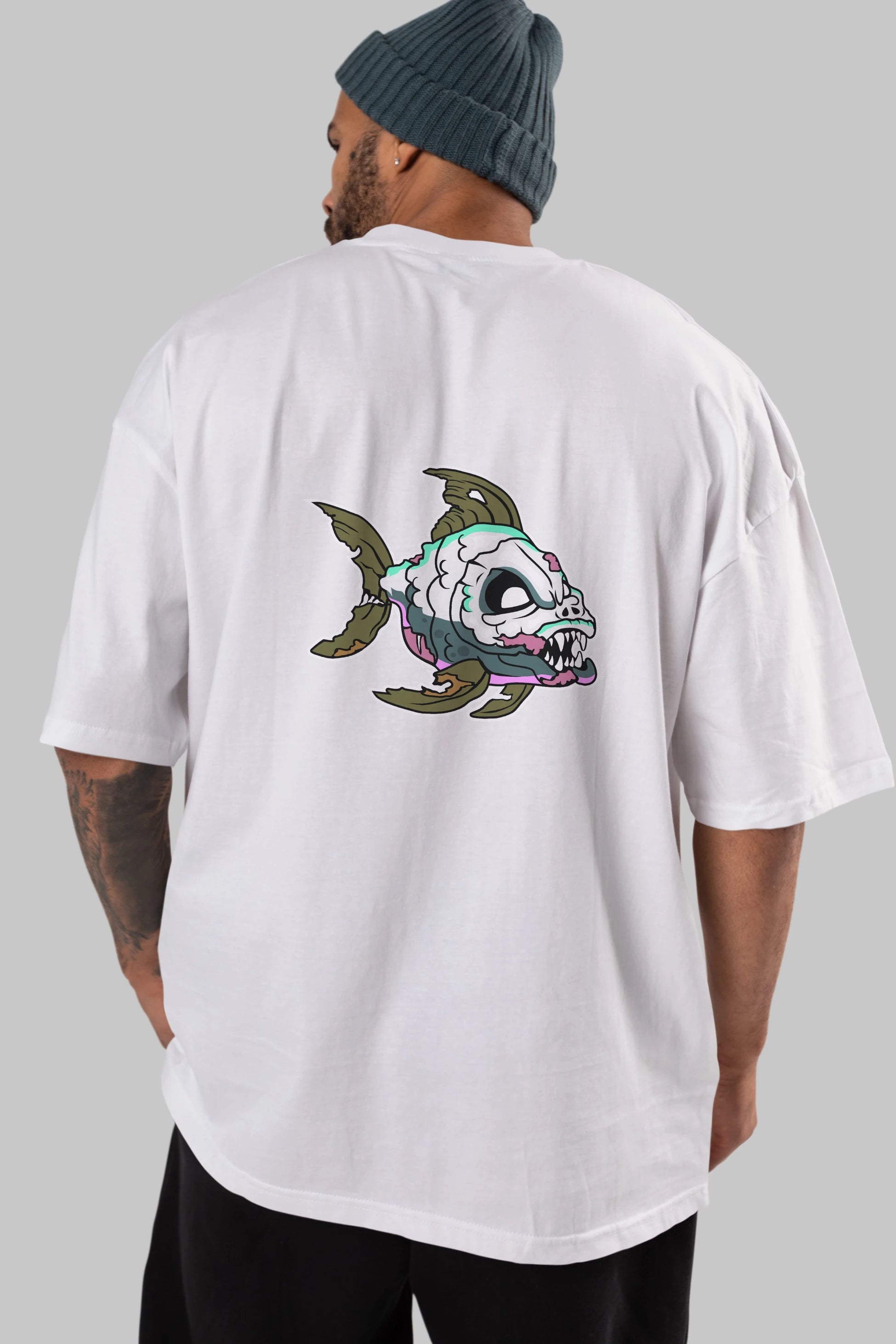 Fish Monster Arka Baskılı Oversize t-shirt Erkek Kadın Unisex %100 Pamuk tişort