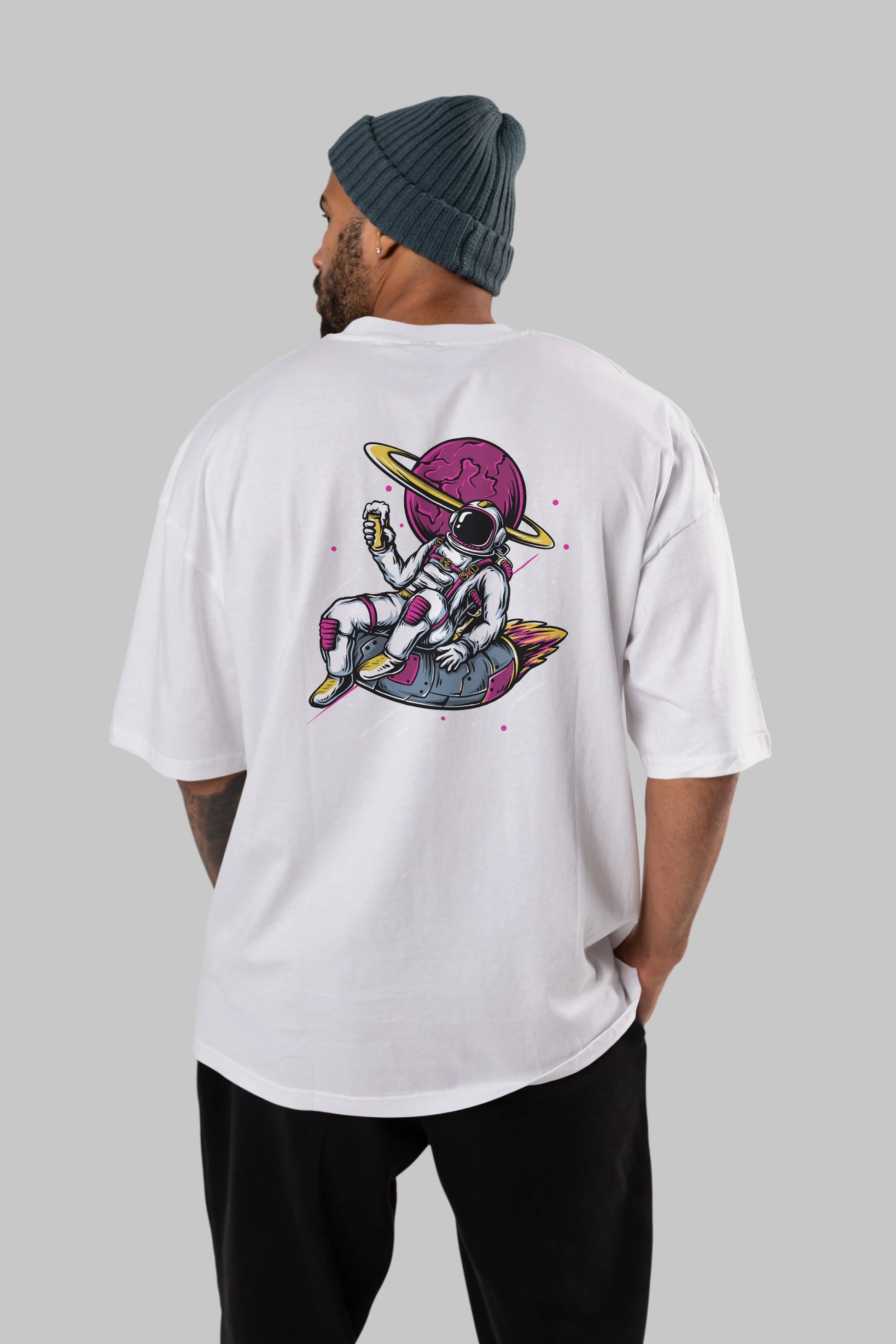 Astronaut Beer Arka Baskılı Oversize t-shirt Erkek Kadın Unisex