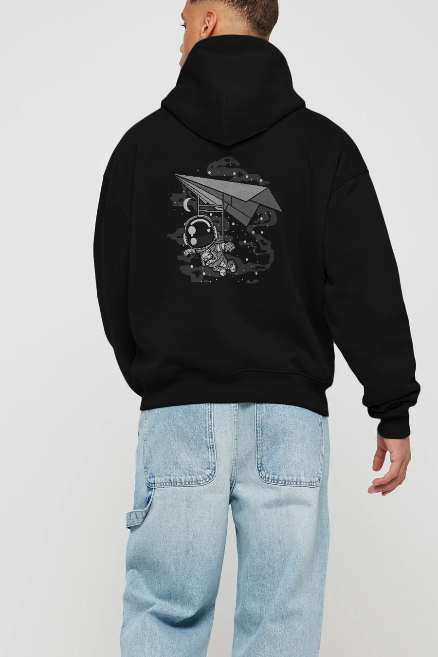 Astronaut Flying Arka Baskılı Hoodie Oversize Kapüşonlu Sweatshirt Erkek Kadın Unisex