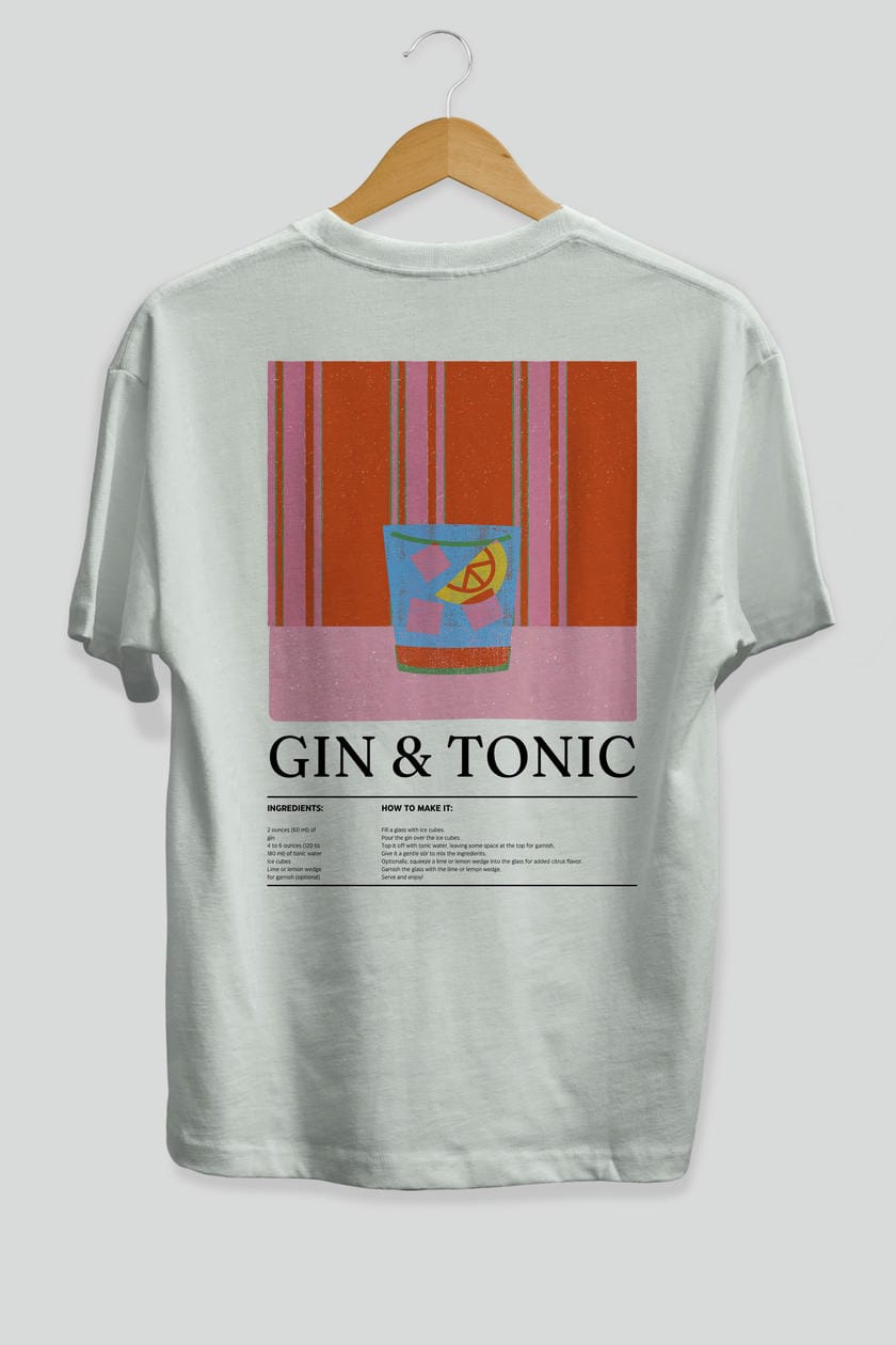 Gin Tonic Kokteyl Serisi Arka Baskılı Oversize t-shirt Erkek Kadın %100 Pamuk Bisiklet Yaka tişort