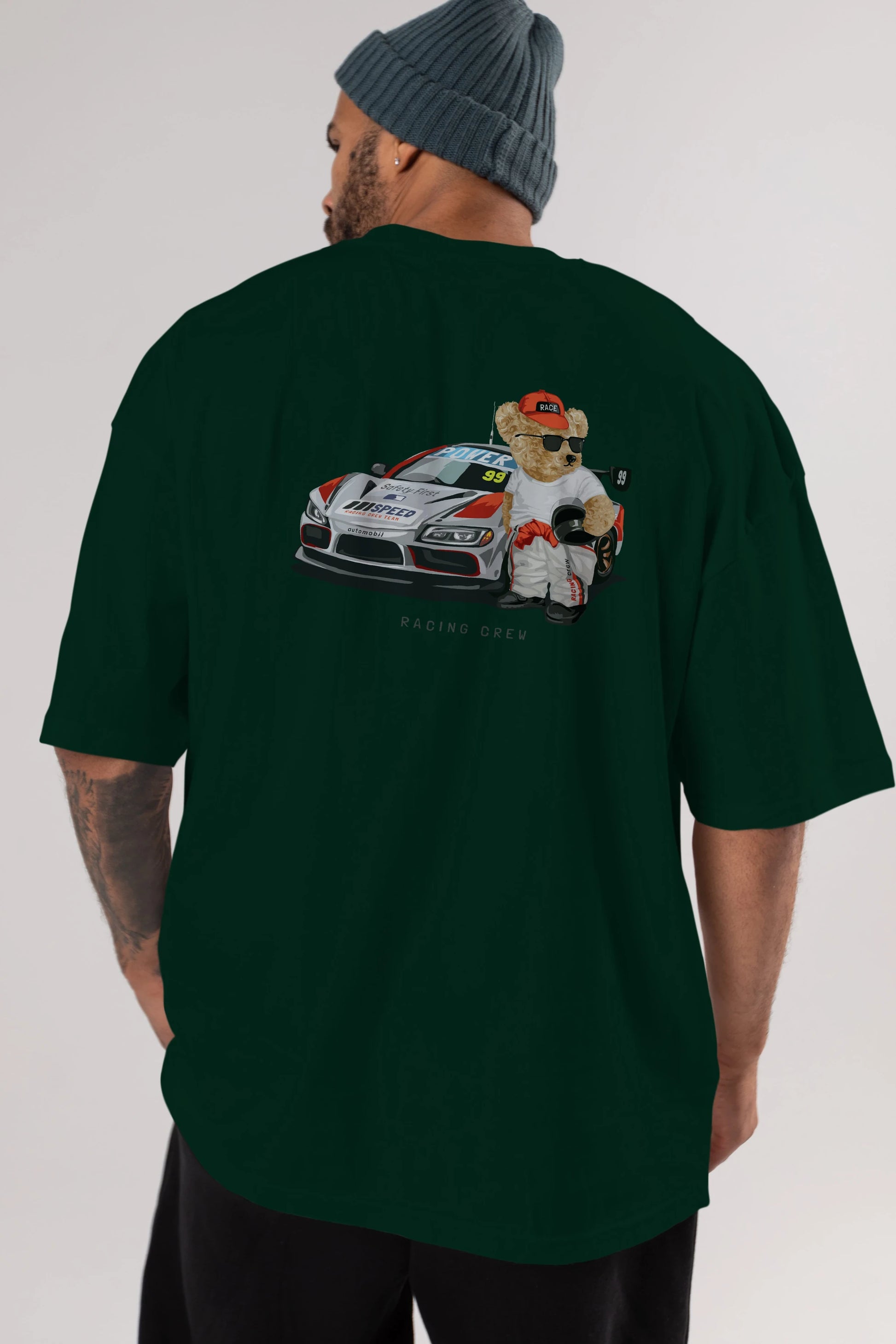 Teddy Bear Racing Crew Arka Baskılı Oversize t-shirt Erkek Kadın Unisex %100 Pamuk