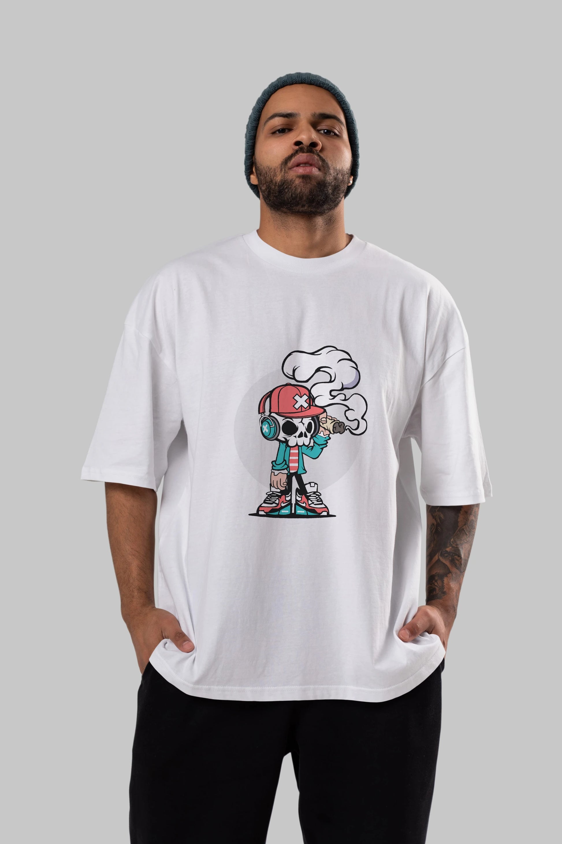 Skull Headphone Ön Baskılı Oversize t-shirt Erkek Kadın Unisex %100 Pamuk tişort