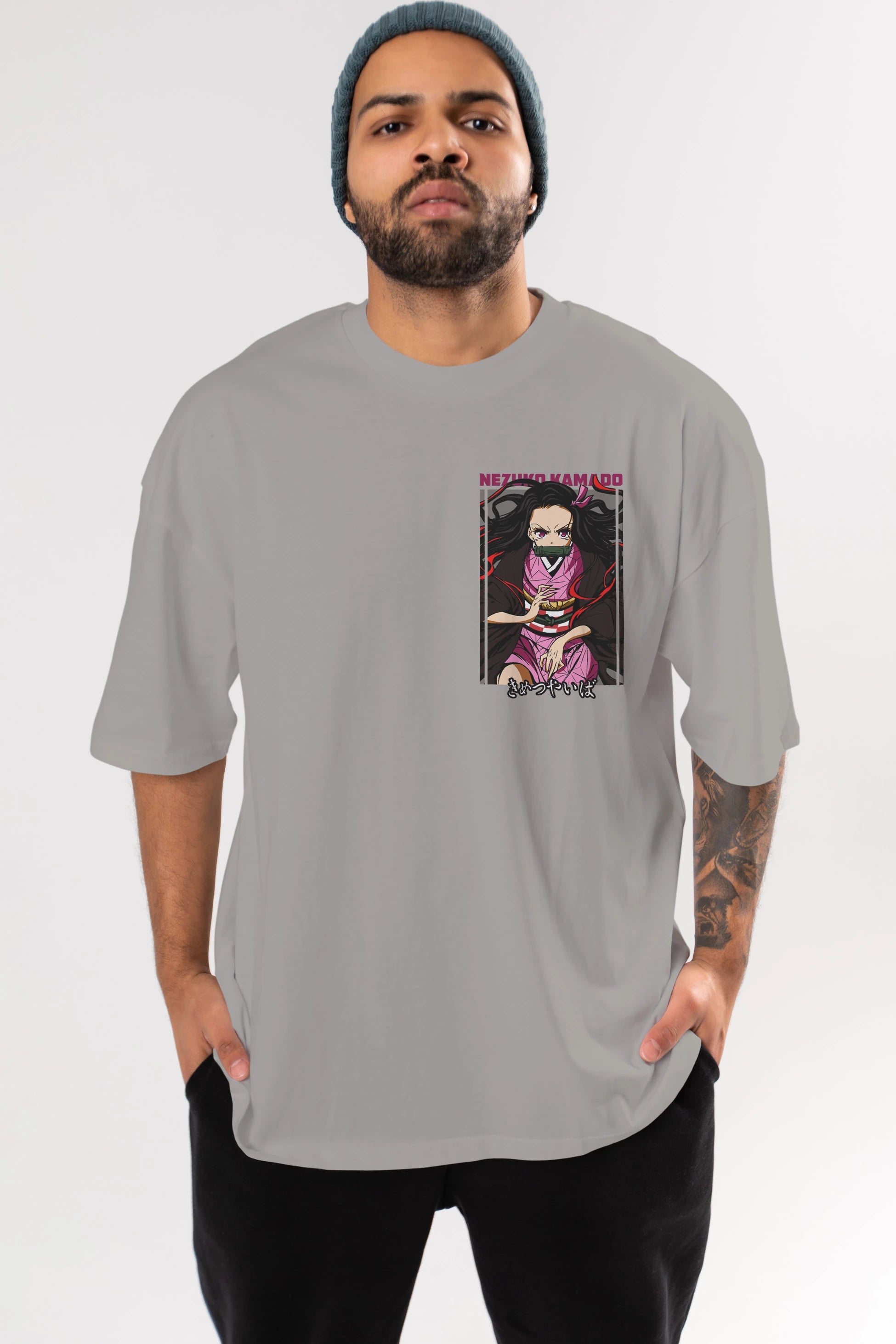 Nezuko Kamado 1 Ön Sol Baskılı Oversize t-shirt Erkek Kadın Unisex %100 Pamuk Bisiklet Yaka tişort