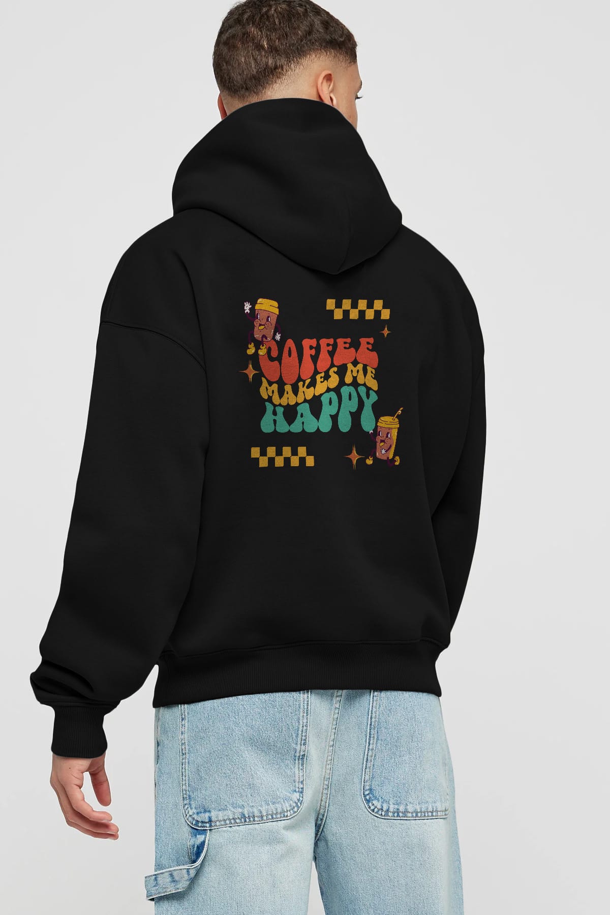 Coffee Makes Me Happy Yazılı Arka Baskılı Oversize Hoodie Kapüşonlu Sweatshirt Erkek Kadın Unisex