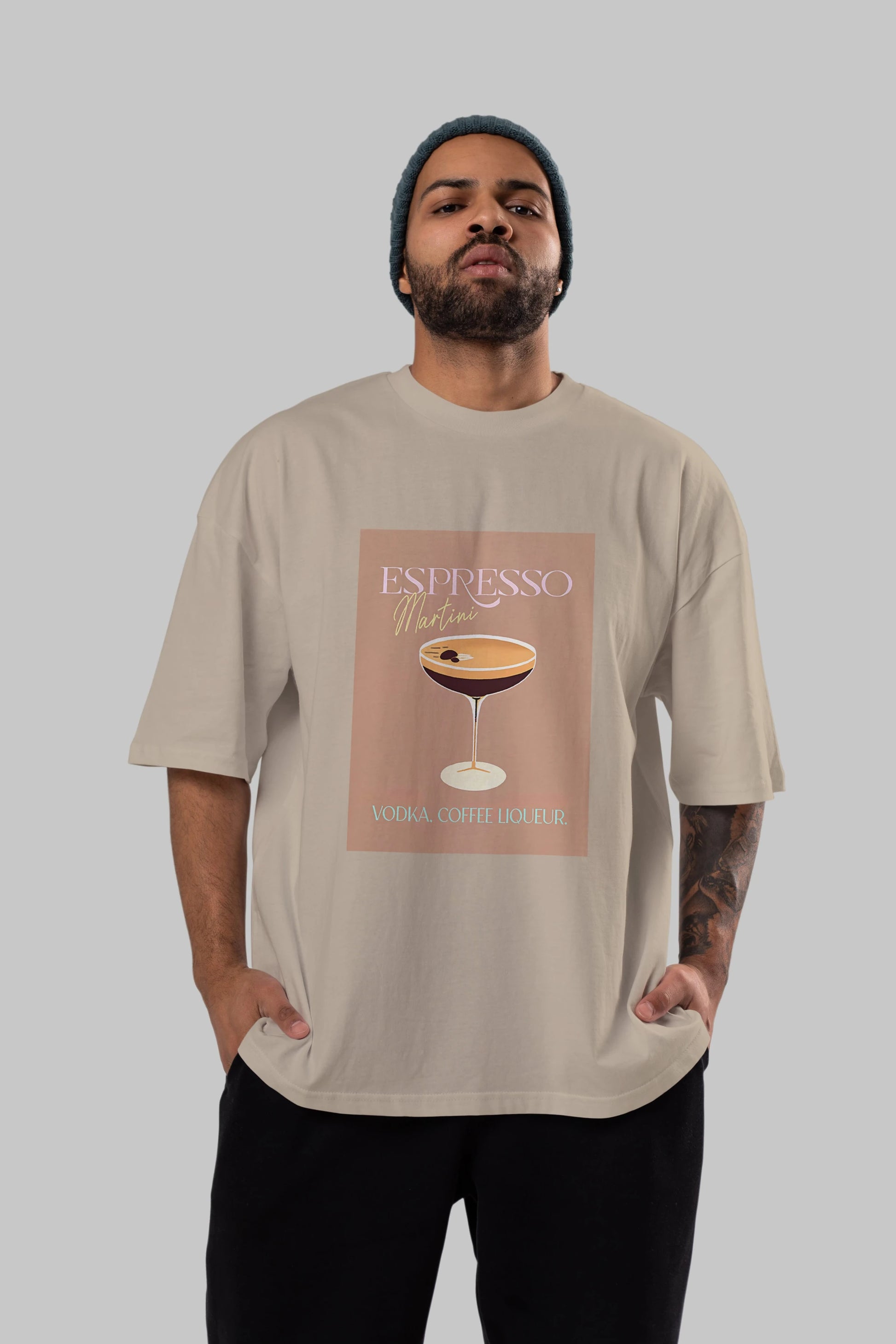 Espresso Martini Cocktail Ön Baskılı Oversize t-shirt Erkek Kadın Unisex %100 Pamuk Bisiklet Yaka tişort