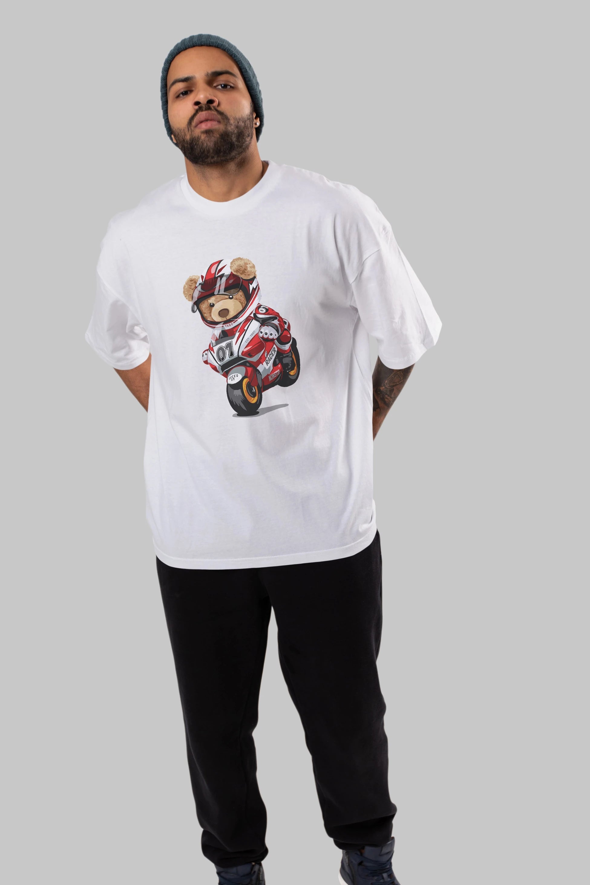 Teddy Bear Racer Ön Baskılı Oversize t-shirt Erkek Kadın Unisex %100 Pamuk