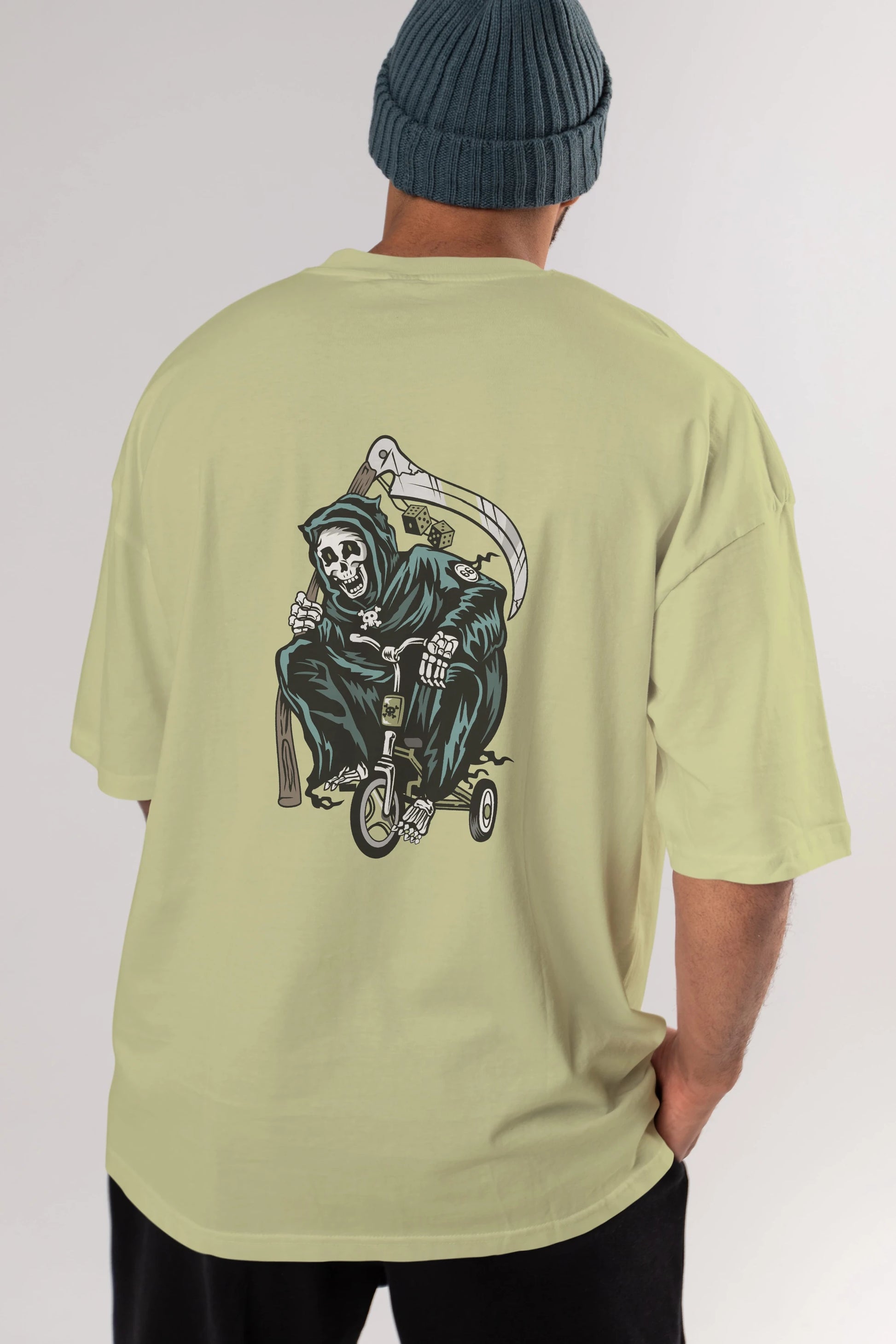 Grim Reaper Bicycle Arka Baskılı Oversize t-shirt Erkek Kadın Unisex %100 Pamuk tişort