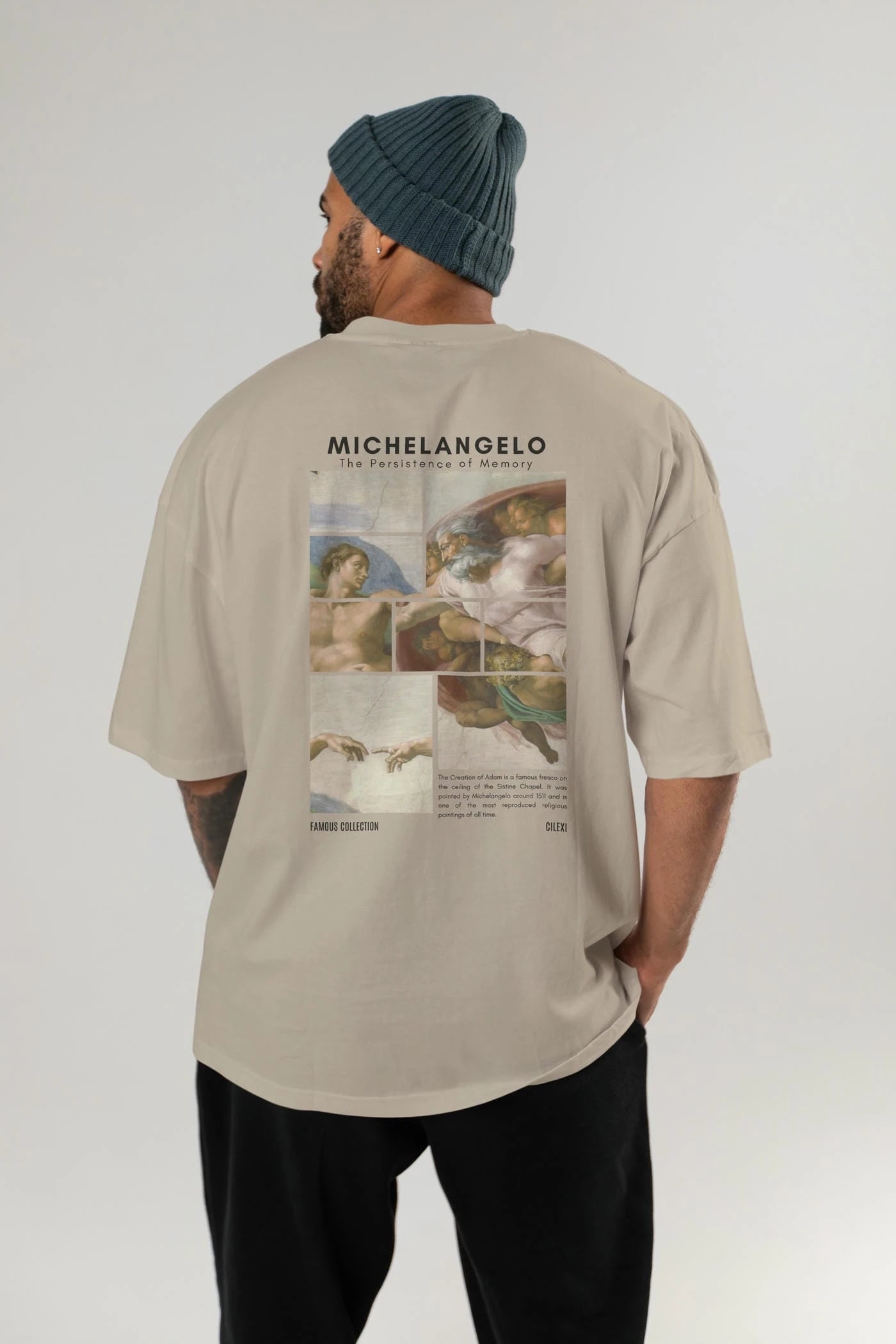 Michelangelo Arka Baskılı Oversize t-shirt Erkek Kadın Bisiklet Yaka Pamuk tişort