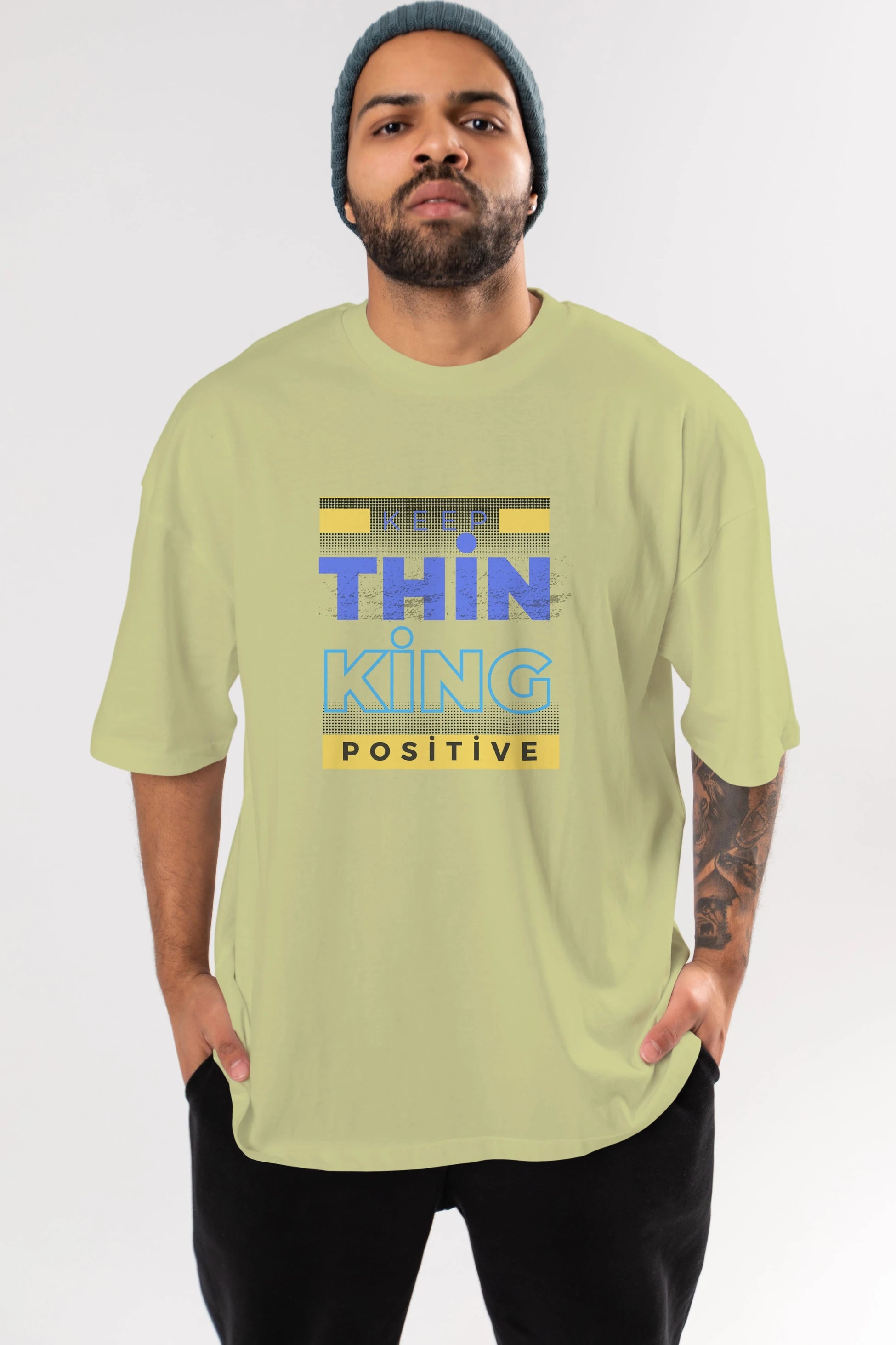 Keep Thinking Positive Yazılı Ön Baskılı Oversize t-shirt Erkek Kadın Unisex