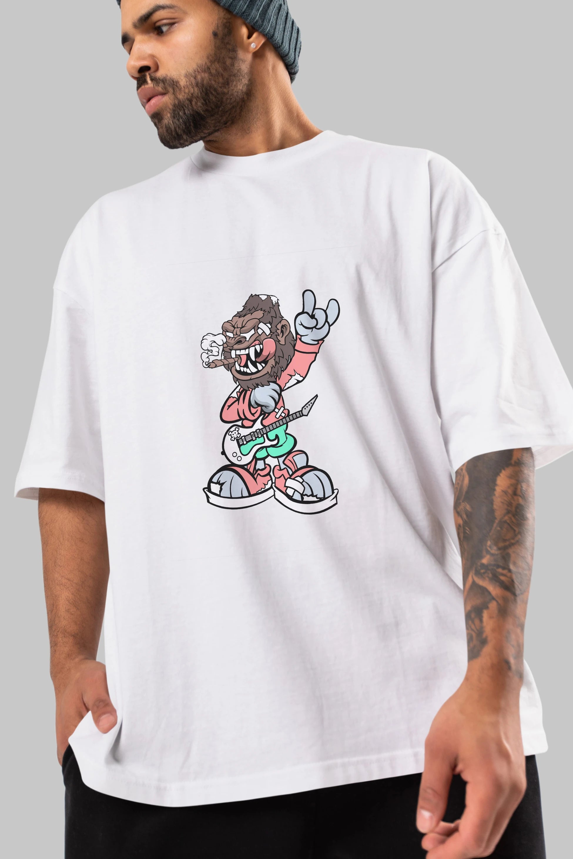 Gorilla Rockstar Ön Baskılı Oversize t-shirt Erkek Kadın Unisex %100 Pamuk tişort