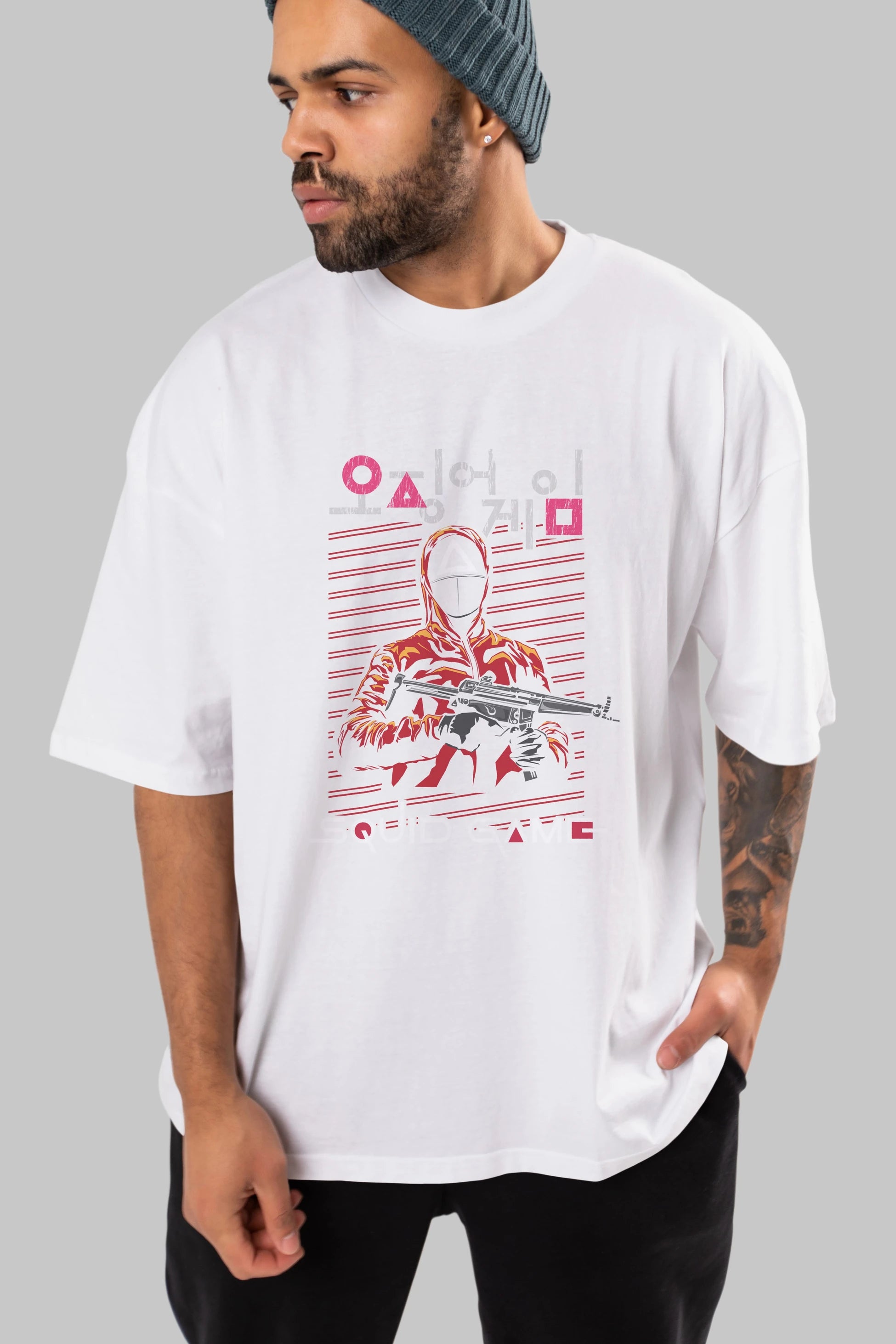 Squid Game (2) Ön Baskılı Oversize t-shirt Erkek Kadın Unisex %100 Pamuk Bisiklet Yaka tişort