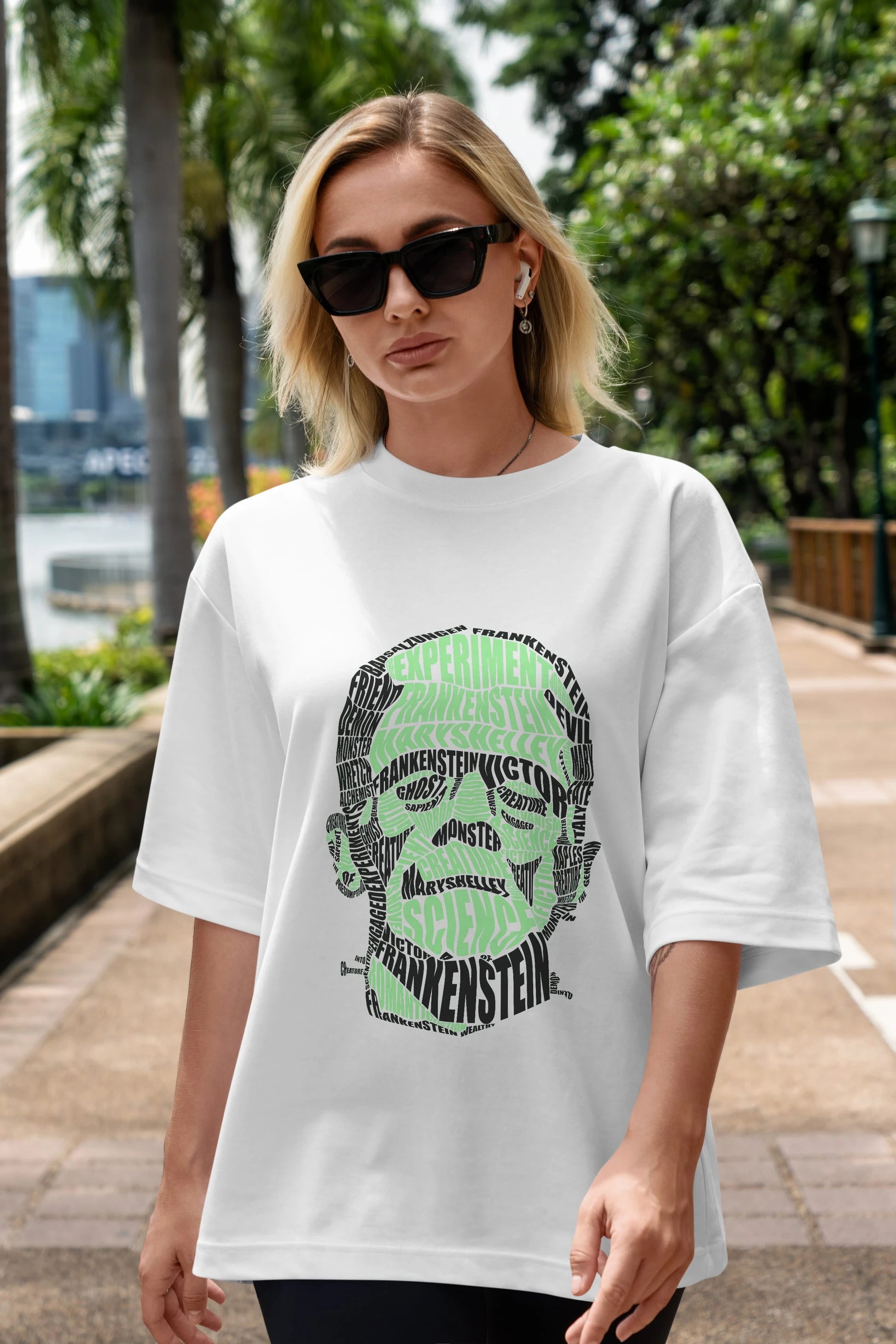 Frankenstein Calligram Ön Baskılı Oversize t-shirt %100 pamuk Erkek Kadın Unisex