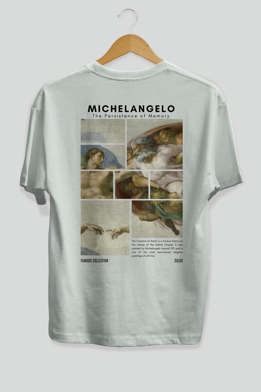 Michelangelo Arka Baskılı Oversize t-shirt Erkek Kadın Bisiklet Yaka Pamuk tişort
