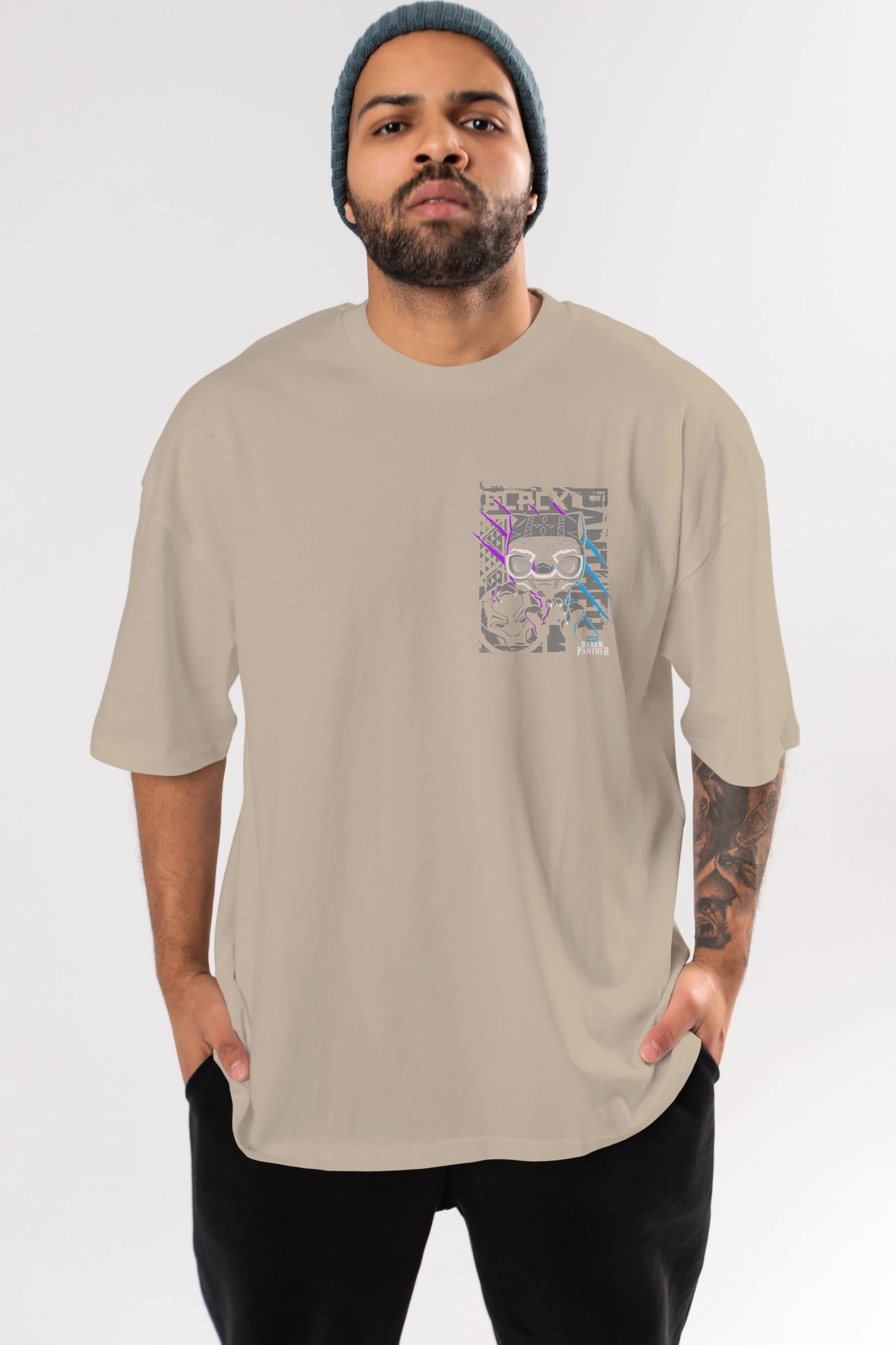 Black Panther Ön Sol Baskılı Oversize t-shirt Erkek Kadın Unisex %100 Pamuk Bisiklet Yaka tişort