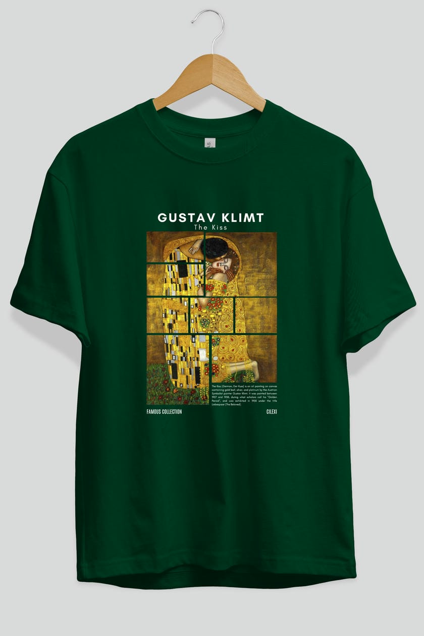Gustav Klimt The Kiss ön Baskılı Oversize t-shirt Erkek Kadın Bisiklet Yaka Pamuk tişort