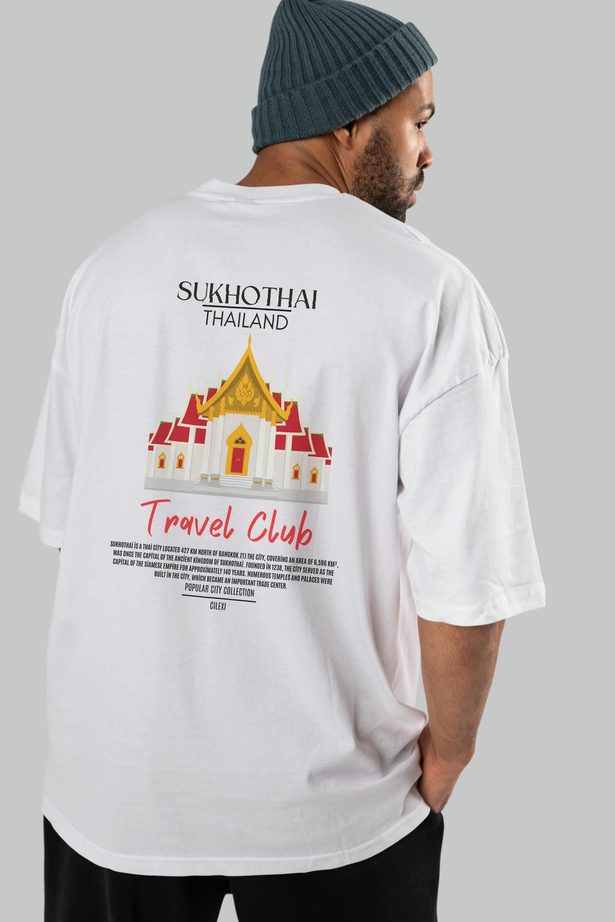 Sukhothai Thailand Arka Baskılı Oversize t-shirt Erkek Kadın Pamuk Bisiklet Yaka tişort
