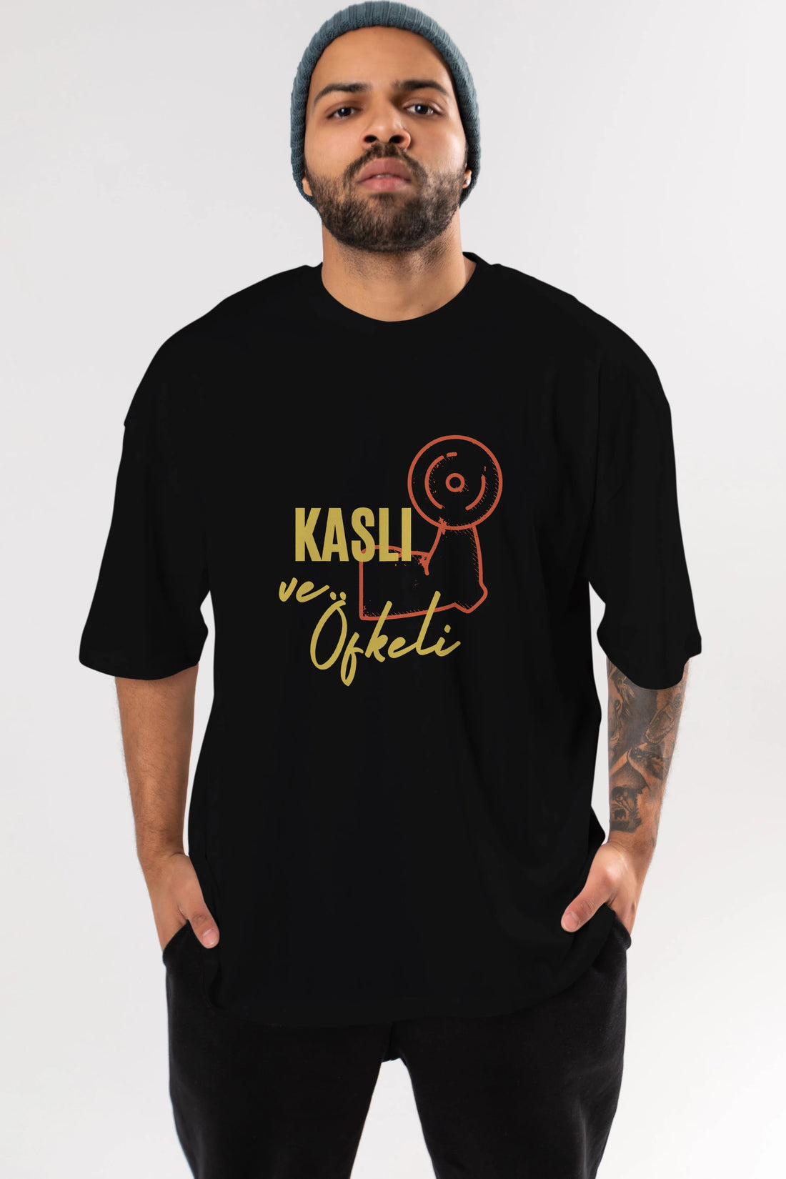 Kaslı ve Öfkeli Yazılı Ön Baskılı Oversize t-shirt Erkek Kadın Unisex