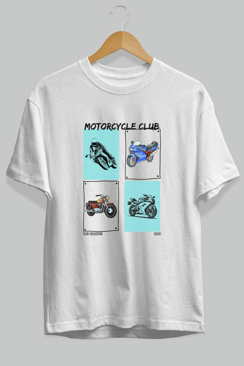 Motorcycle Club ön Baskılı Oversize t-shirt Erkek Kadın %100 Pamuk Bisiklet Yaka tişort