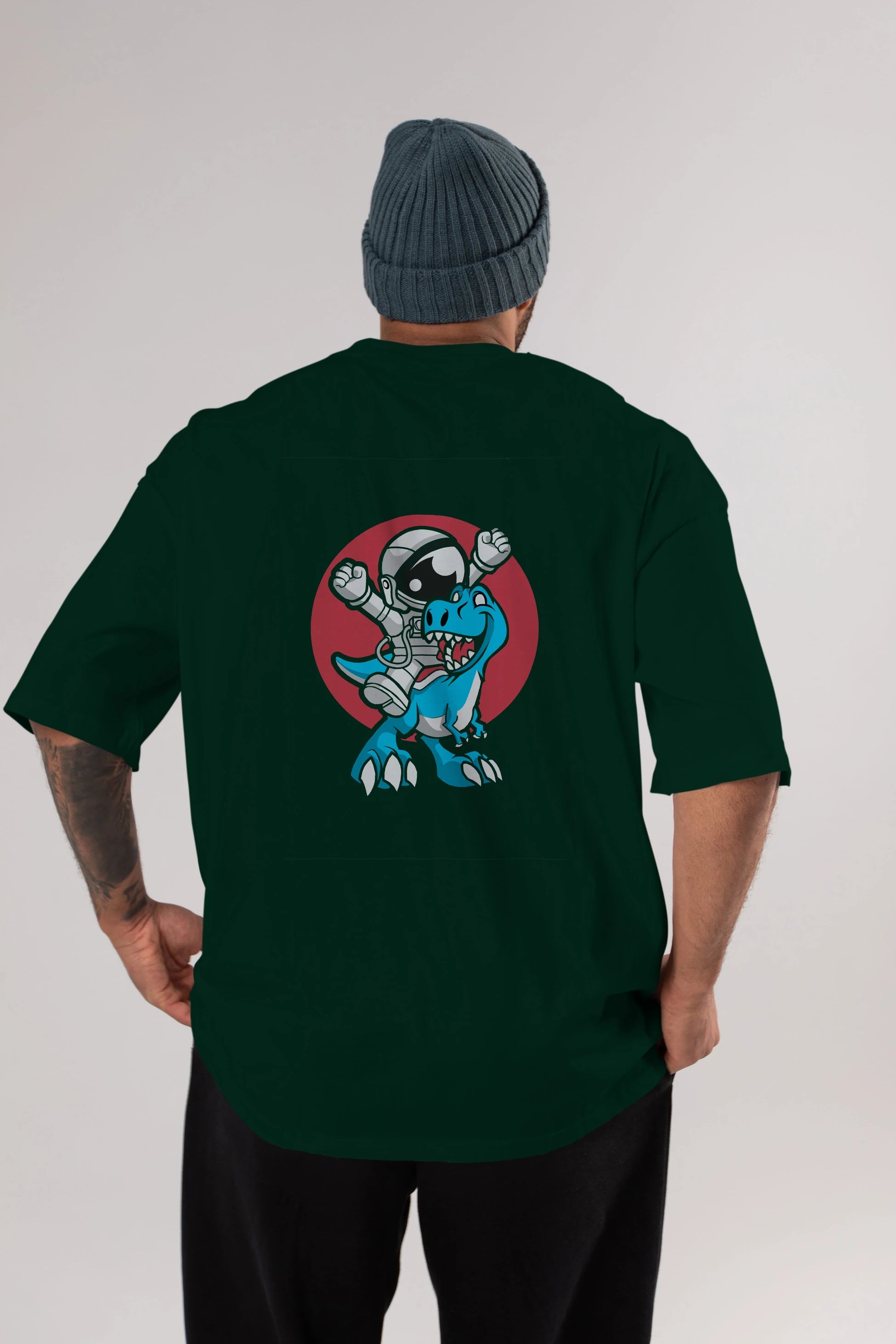 Astronaut Dino Arka Baskılı Oversize t-shirt Erkek Kadın Unisex %100 Pamuk tişort