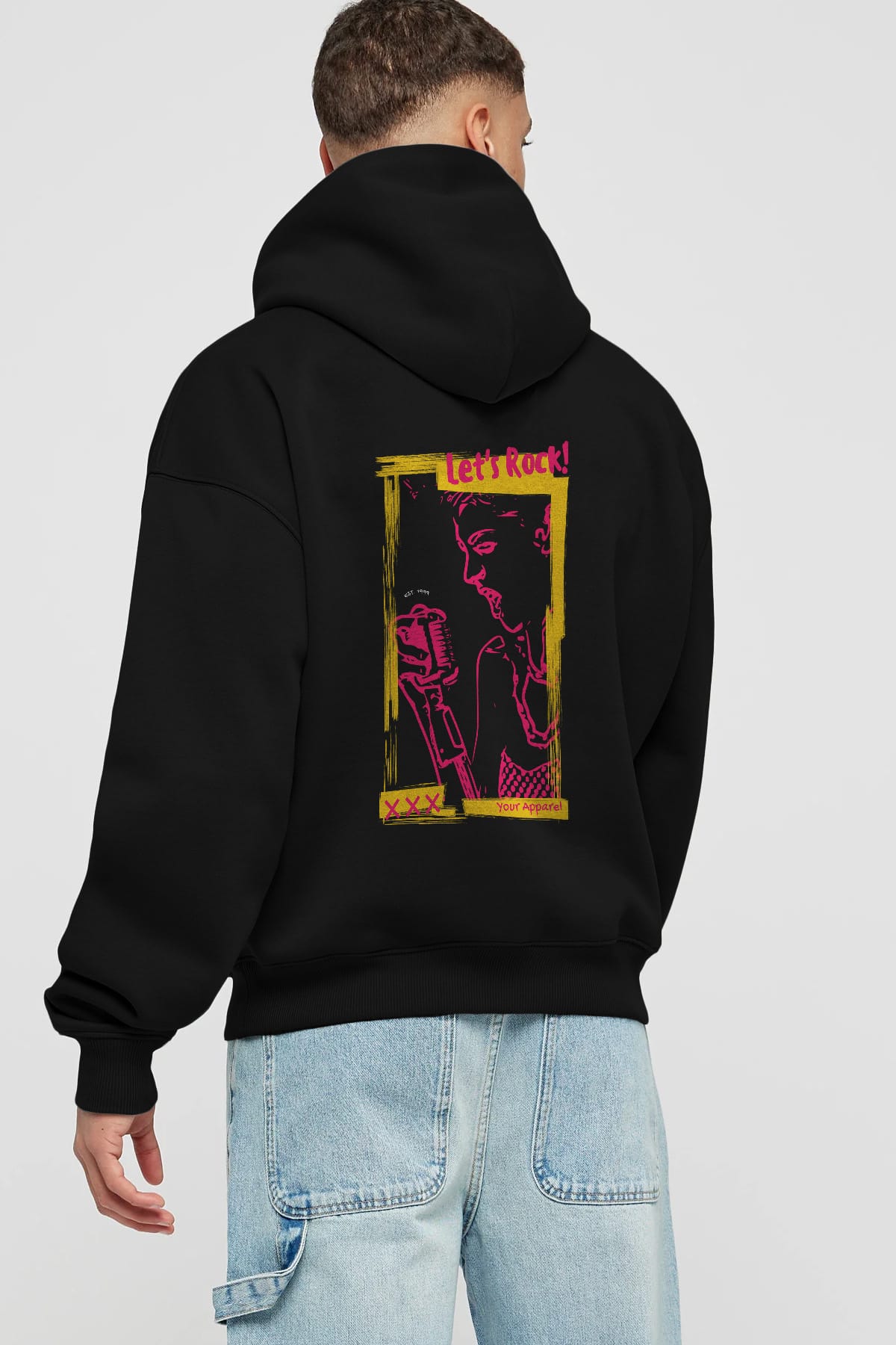 Let's Rock Yazılı Arka Baskılı Oversize Hoodie Kapüşonlu Sweatshirt Erkek Kadın Unisex