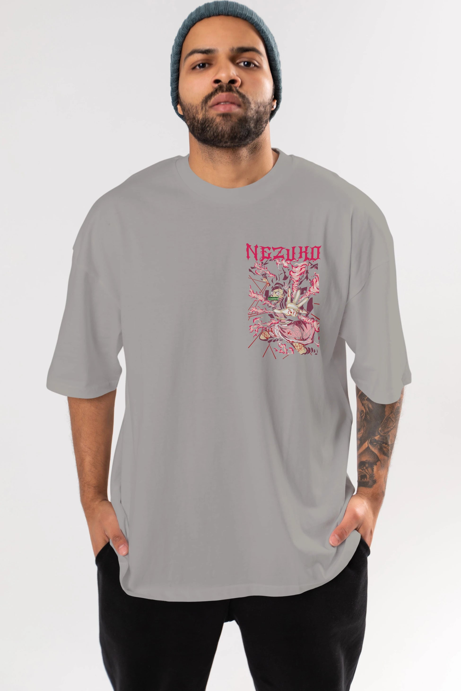NEZUKO KAMADO Ön Sol Baskılı Oversize t-shirt Erkek Kadın Unisex %100 Pamuk Bisiklet Yaka tişort