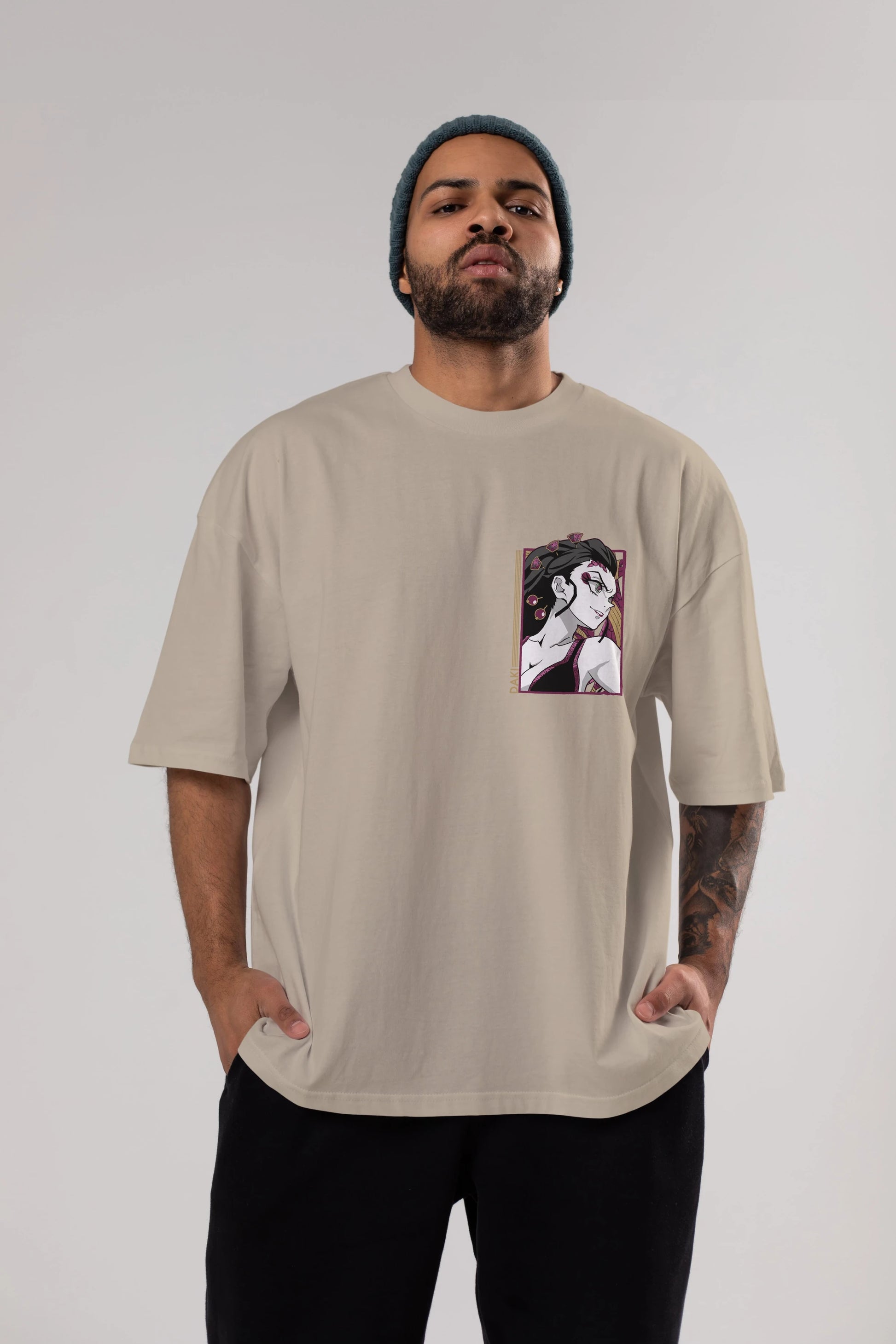 Daki DEMION SLAYER Ön Sol Baskılı Oversize t-shirt Erkek Kadın Unisex %100 Pamuk Bisiklet Yaka tişort