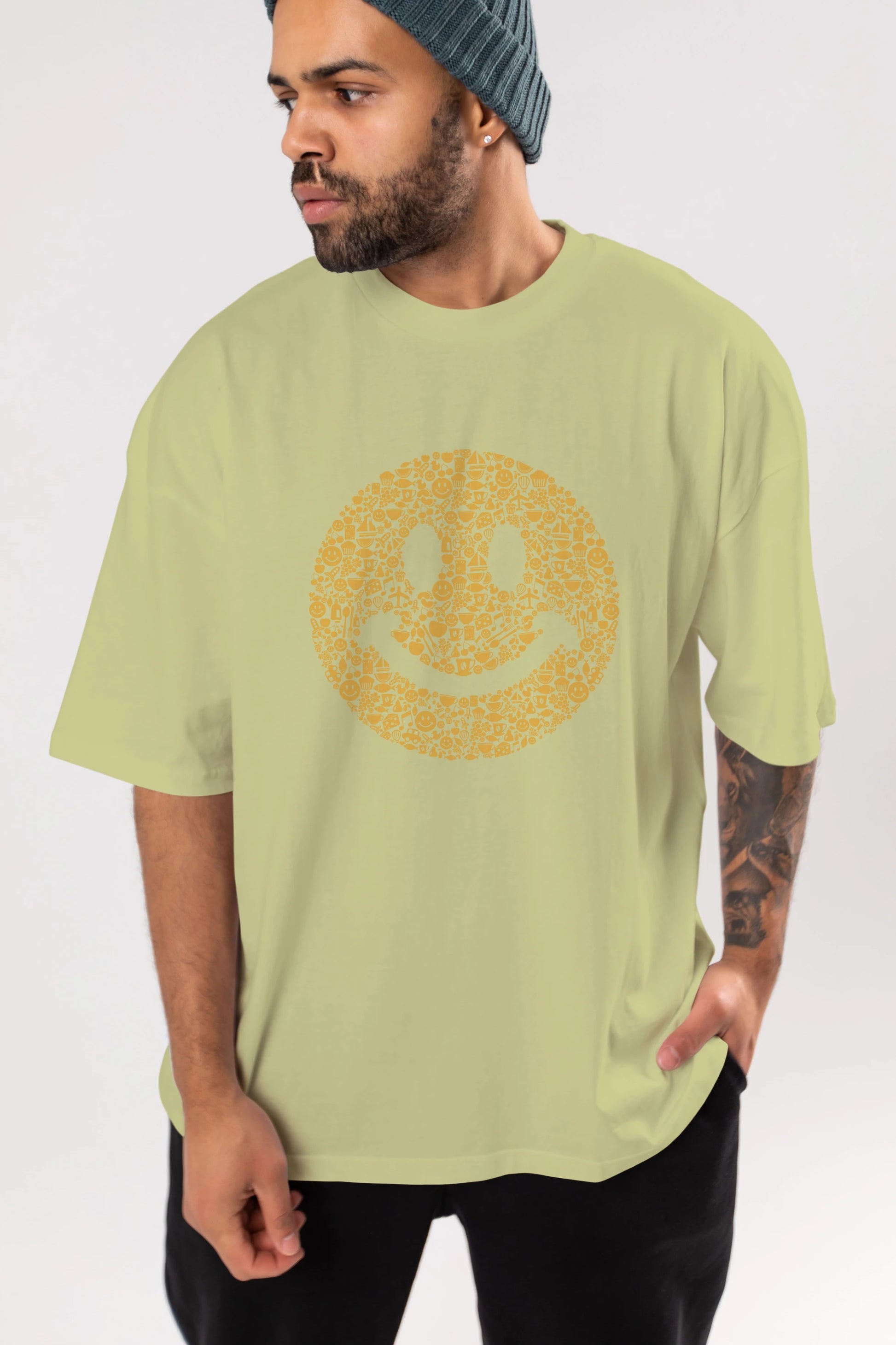 Smiley Ön Baskılı Oversize t-shirt %100 pamuk Erkek Kadın Unisex