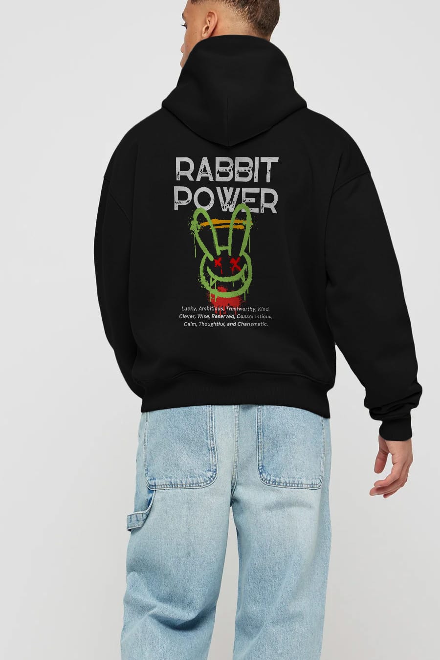 Rabbit Power Yazılı Arka Baskılı Oversize Hoodie Kapüşonlu Sweatshirt Erkek Kadın Unisex