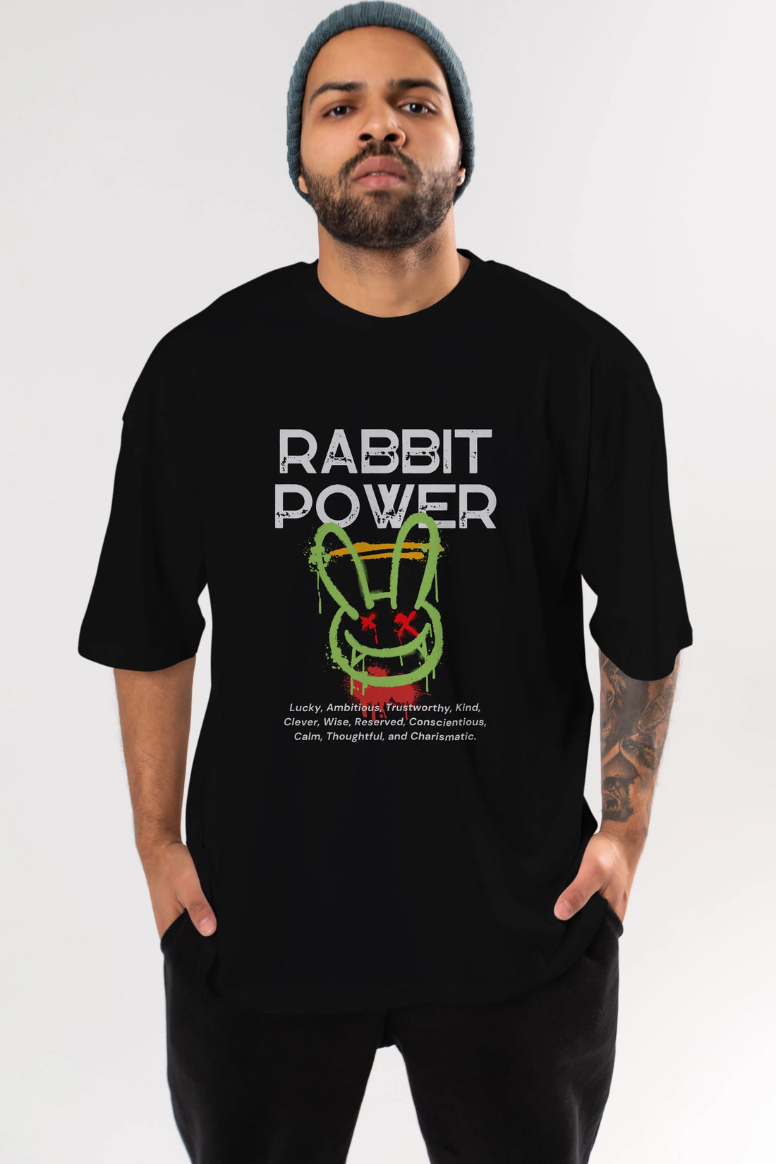 Rabbit Power Yazılı Ön Baskılı Oversize t-shirt Erkek Kadın Unisex