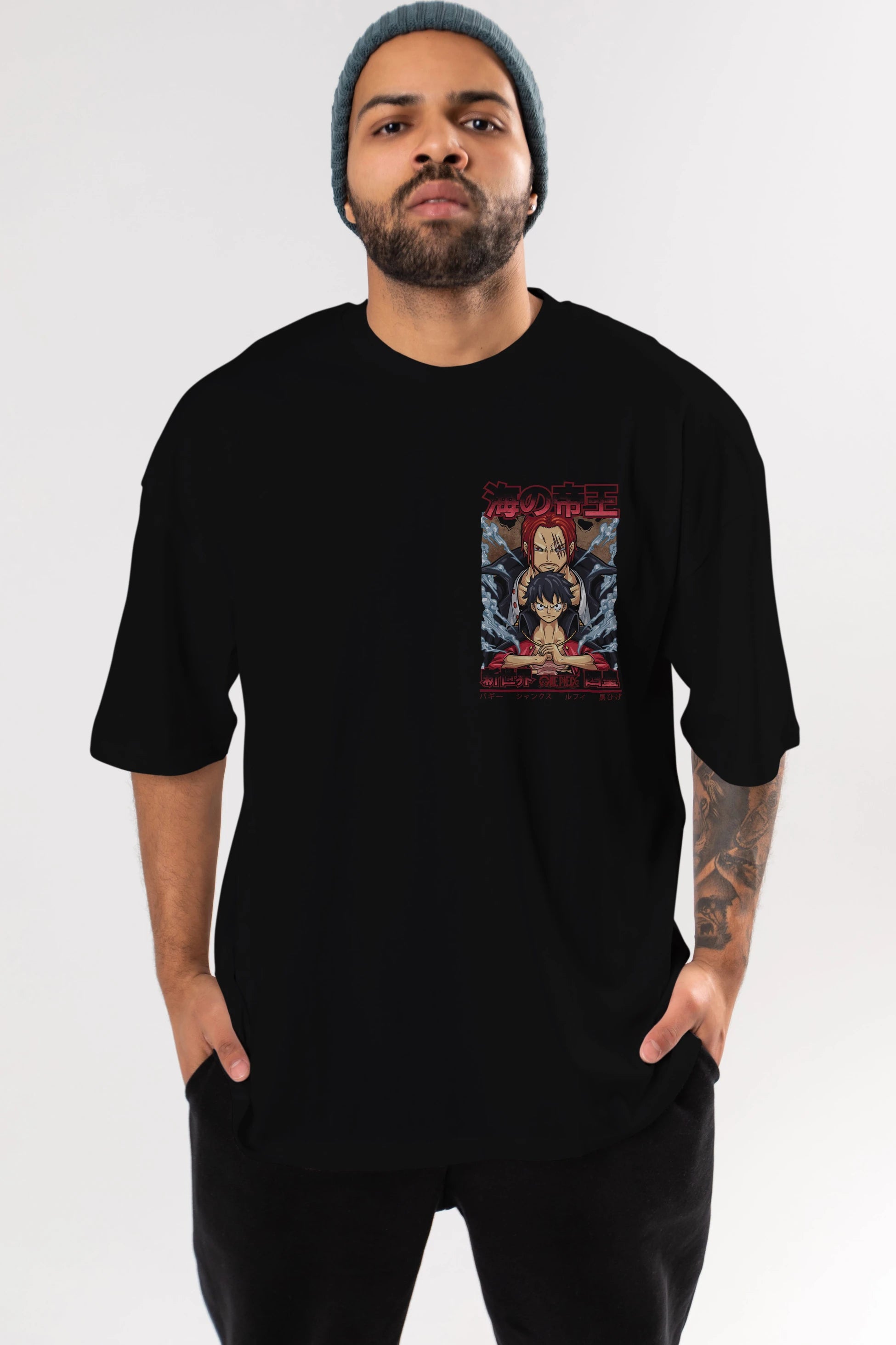 MONKEY D. LUFF and SHANKS Ön Sol Baskılı Oversize t-shirt Erkek Kadın Unisex %100 Pamuk Bisiklet Yaka tişort