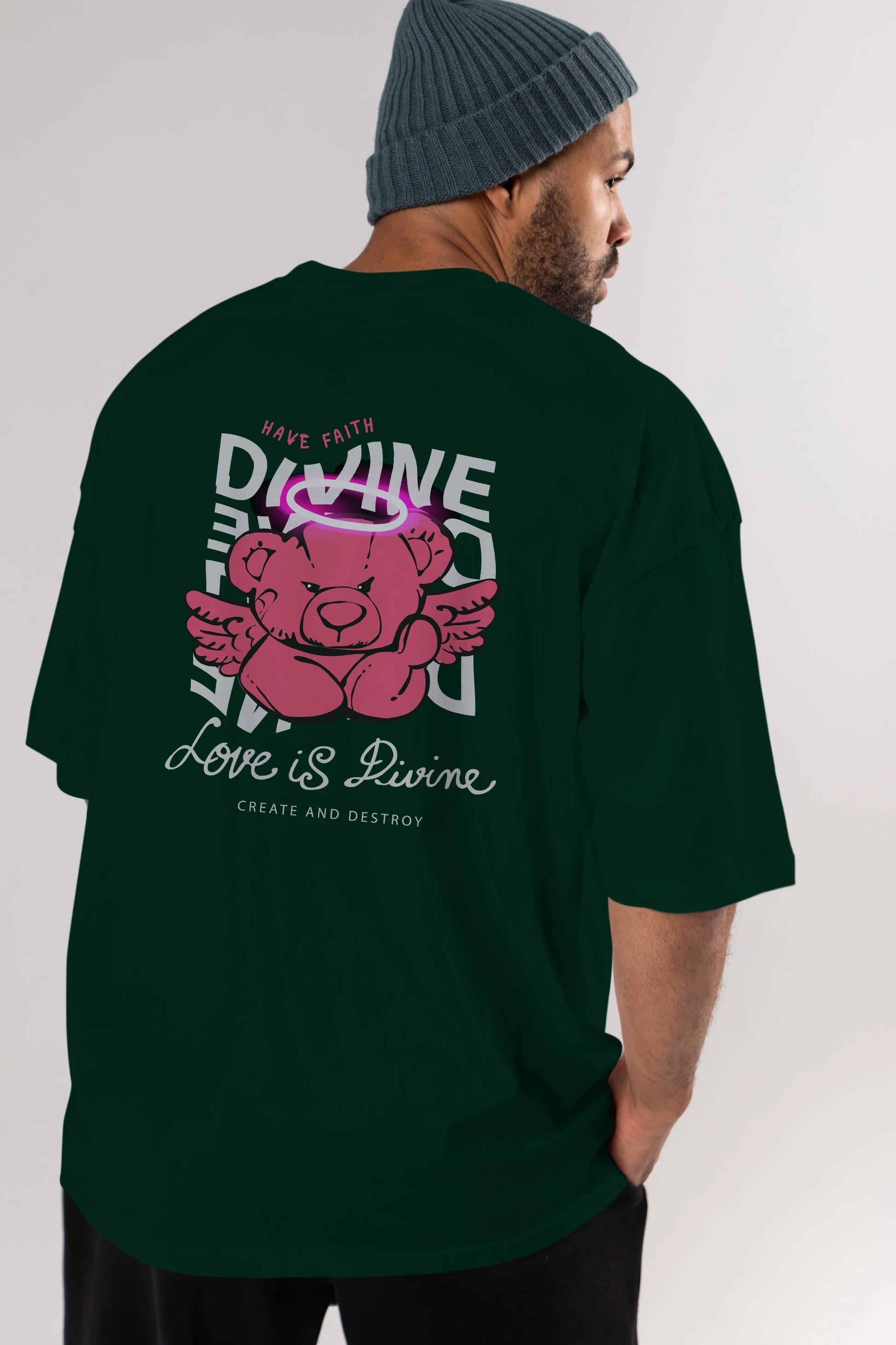 Love is Divine Bear Arka Baskılı Oversize t-shirt Erkek Kadın Unisex