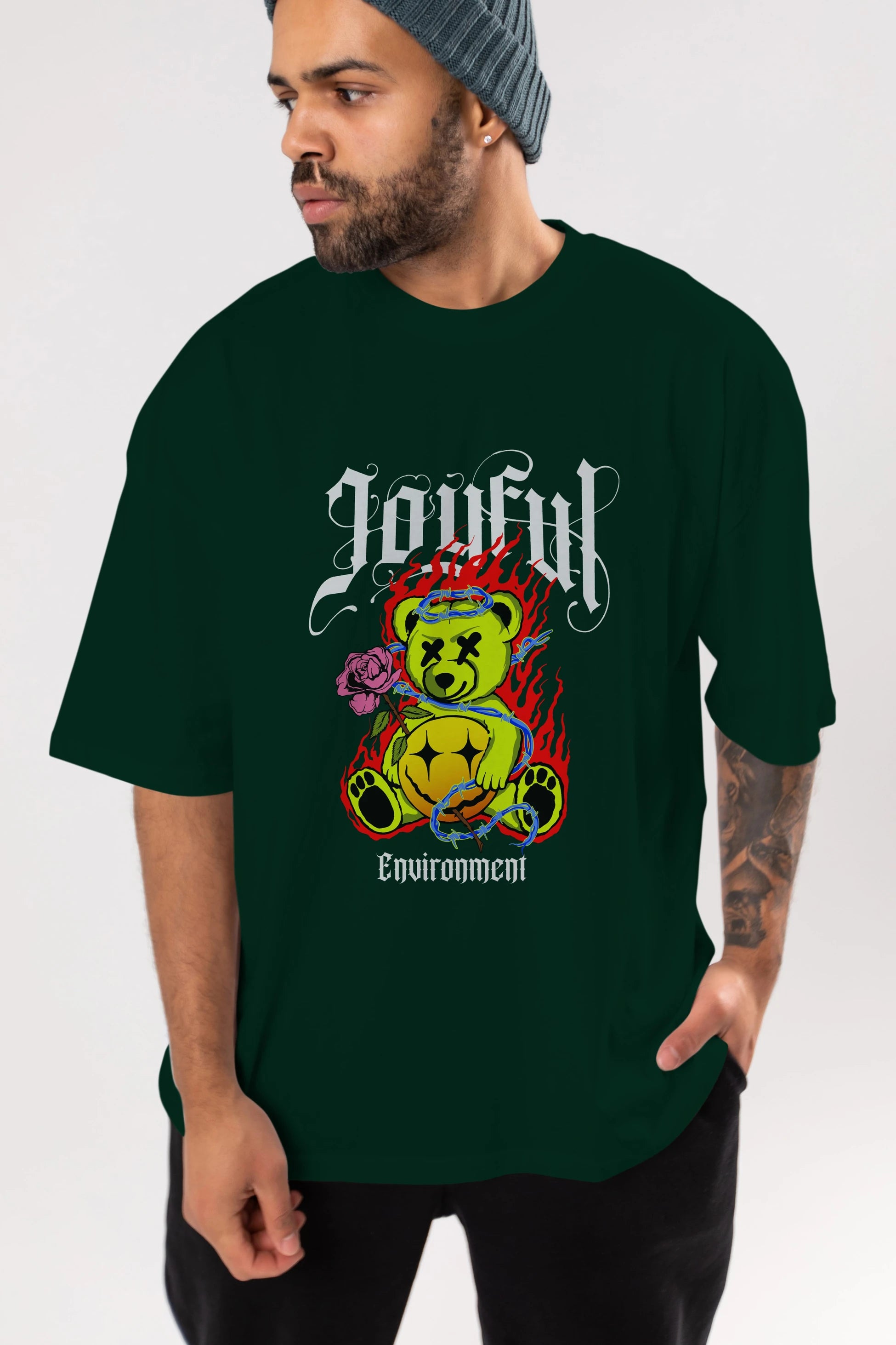 Joyful Bear Ön Baskılı Oversize t-shirt Erkek Kadın Unisex