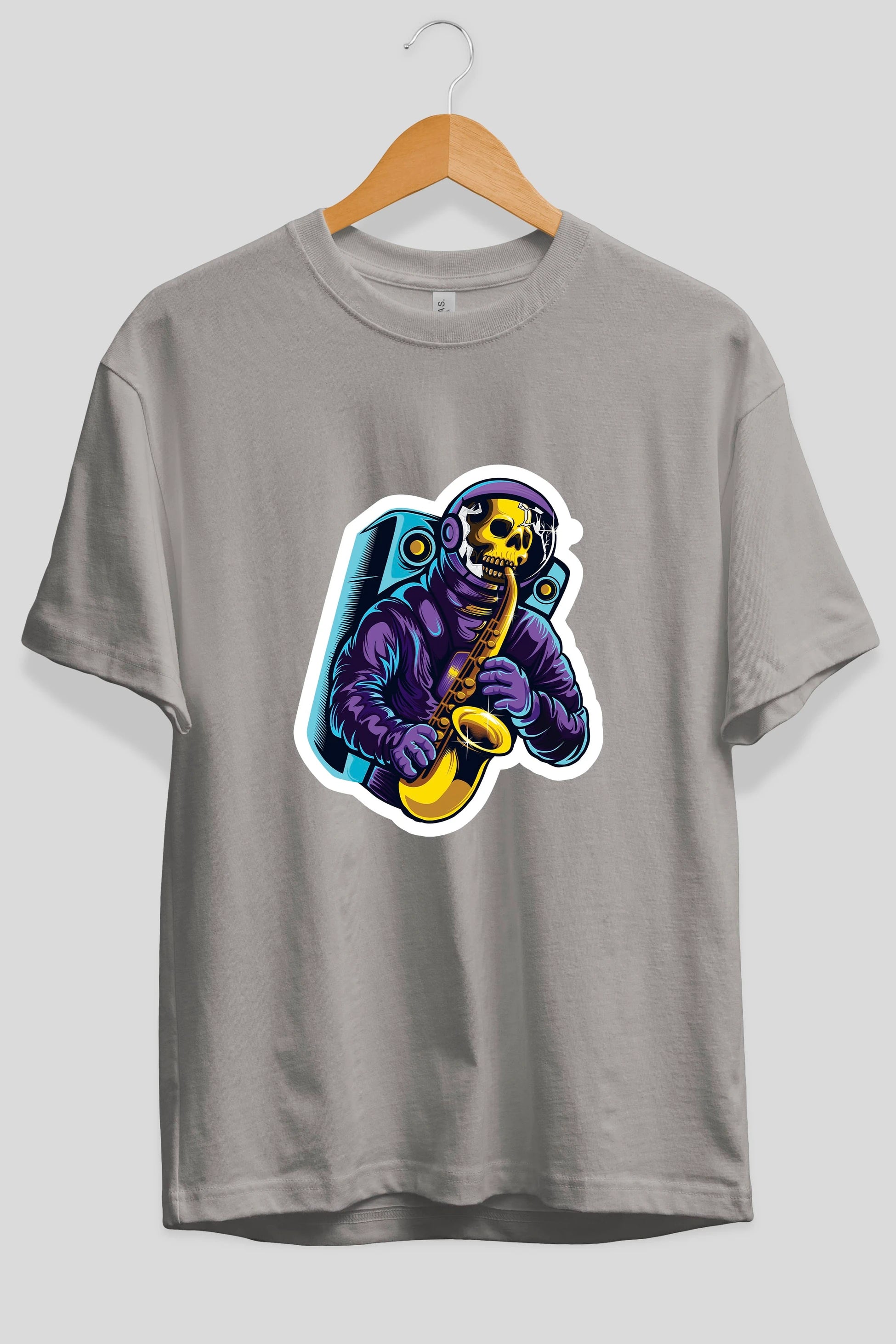 Astroskull Saxophonist Sticker Ön Baskılı Oversize t-shirt Erkek Kadın Unisex