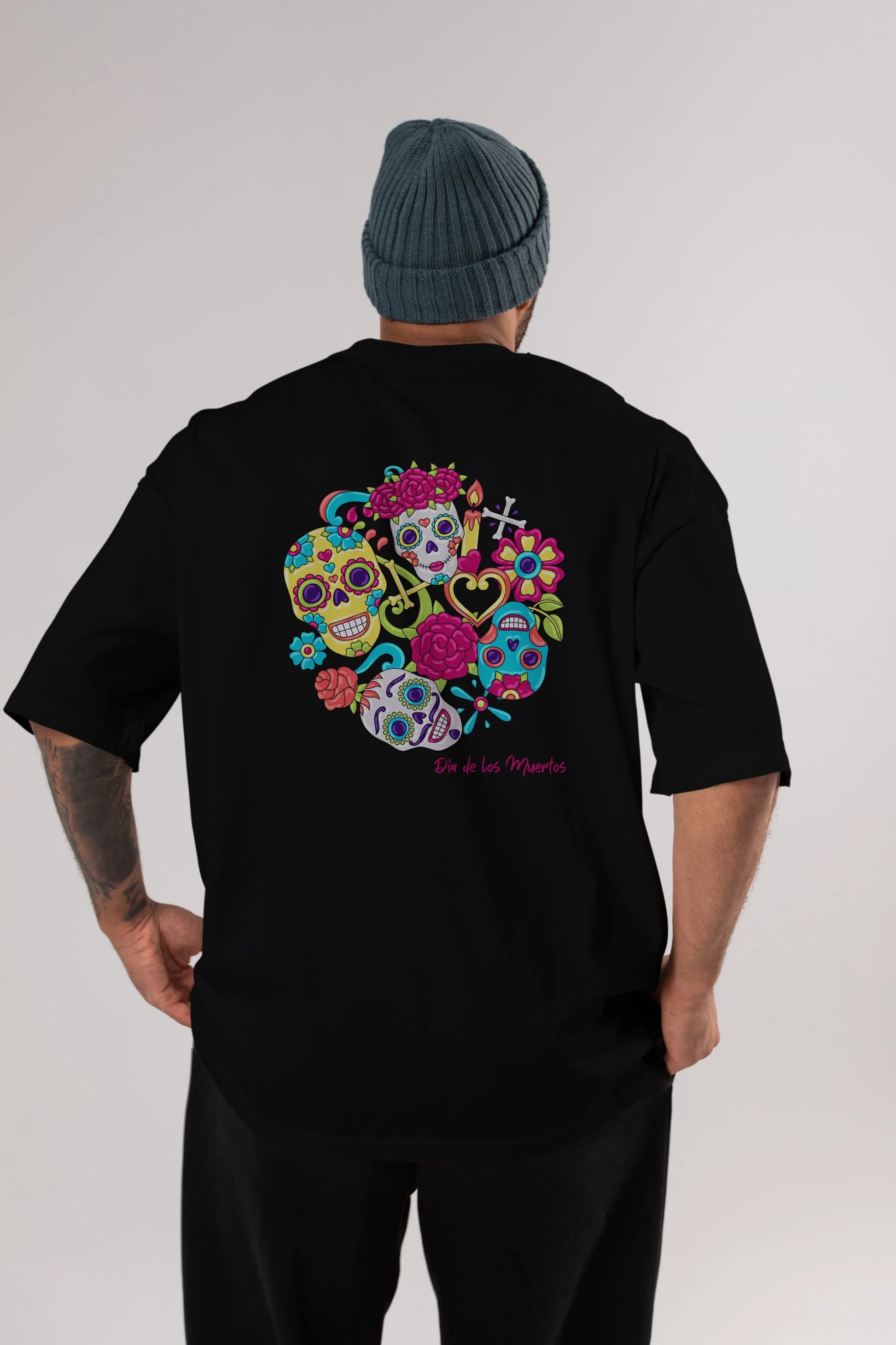 Dia de los Muertos Arka Baskılı Oversize t-shirt Erkek Kadın Unisex