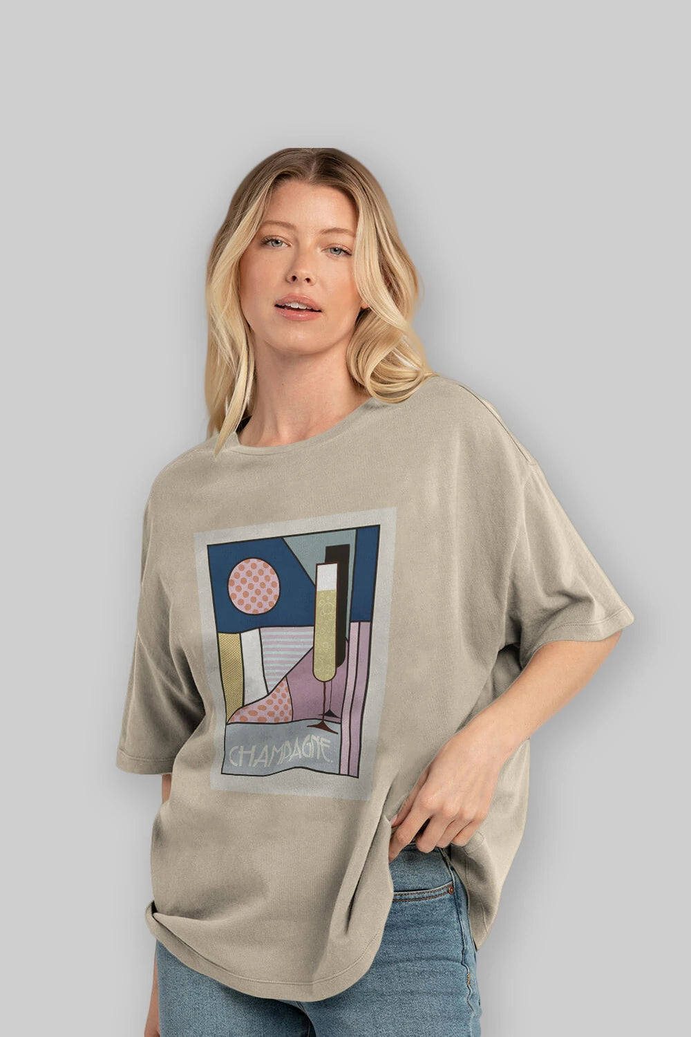 Champagne Ön Baskılı Oversize t-shirt Erkek Kadın Unisex %100 Pamuk Bisiklet Yaka tişort
