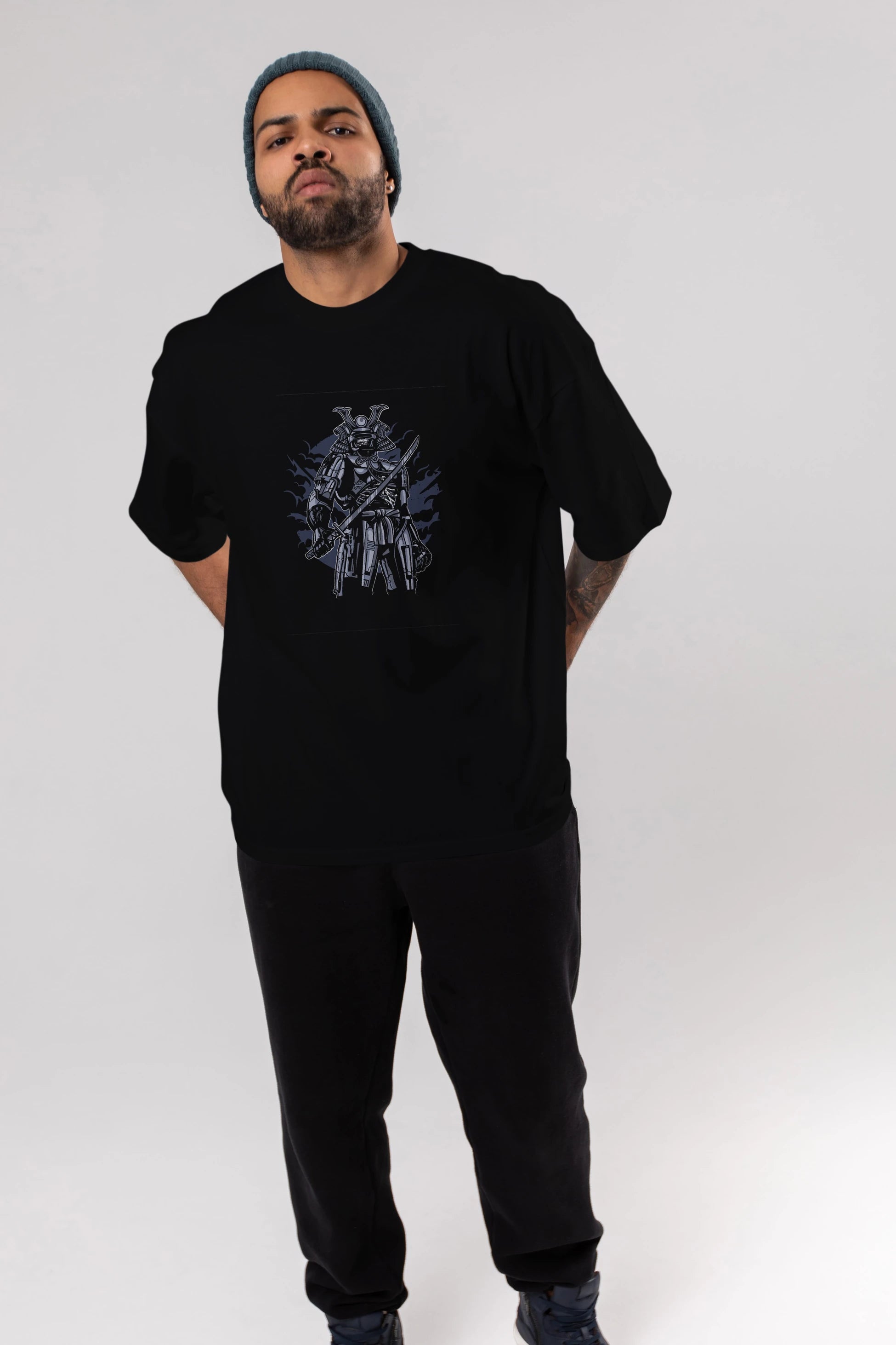 Samurai Robot Skull Ön Baskılı Oversize t-shirt Erkek Kadın Unisex %100 Pamuk tişort