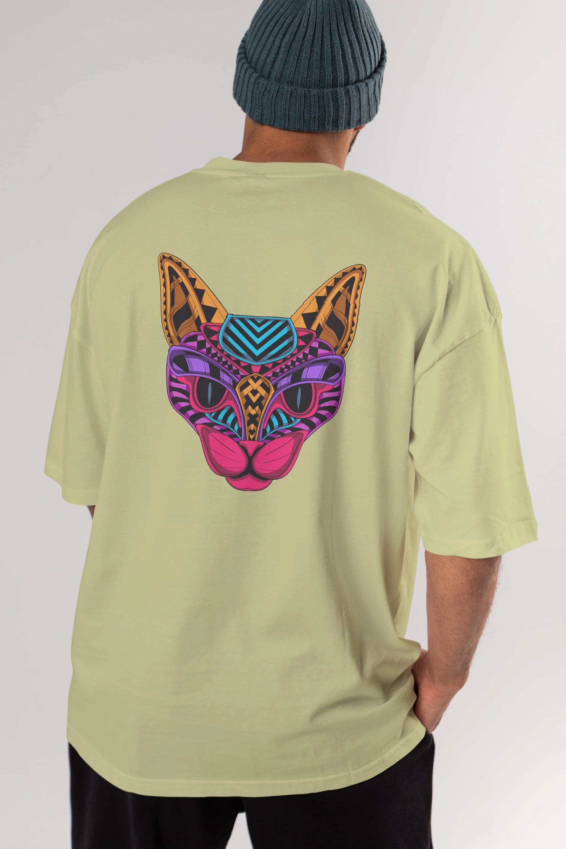 Black Neon Cat Arka Baskılı Oversize t-shirt Erkek Kadın Unisex