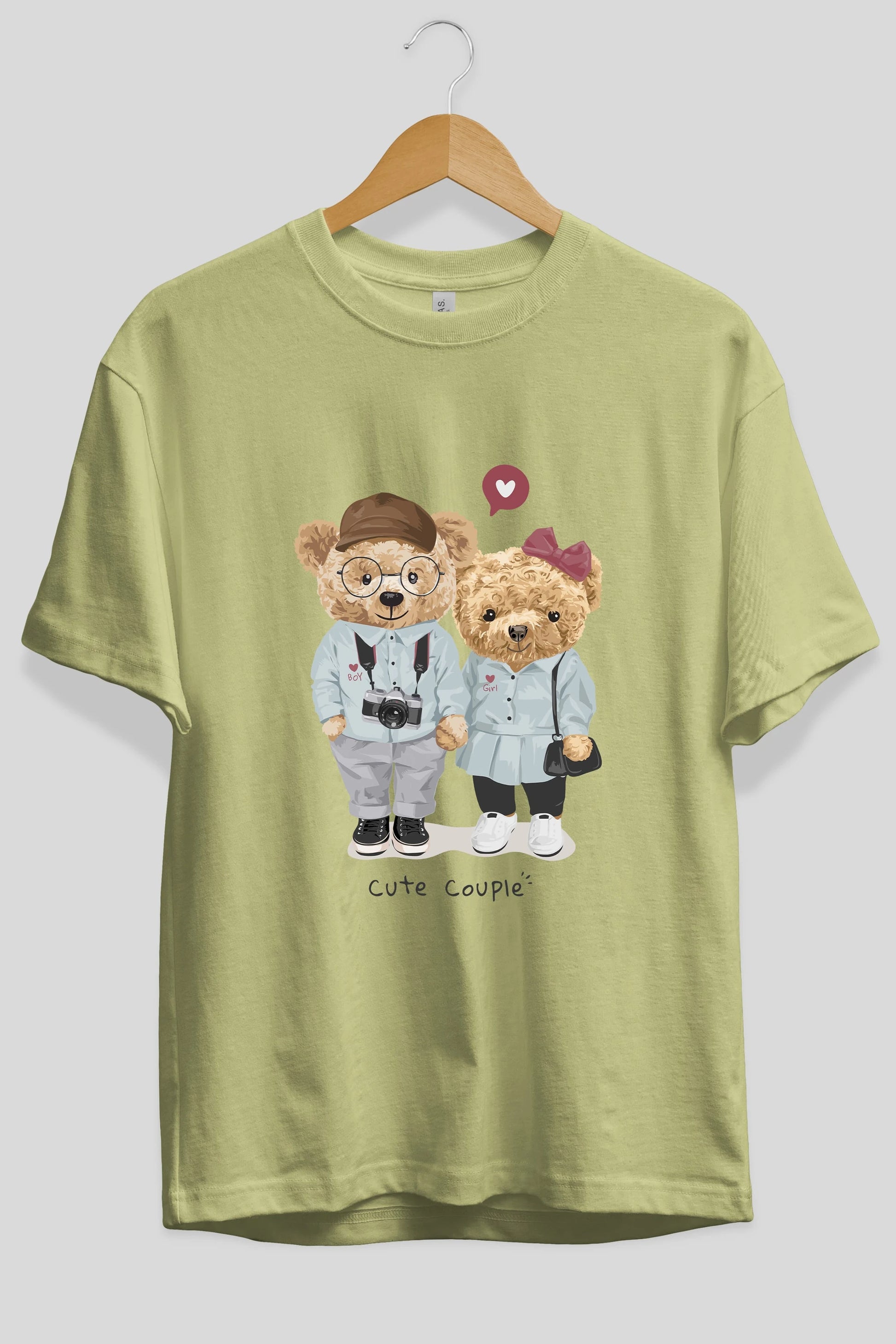 Teddy Bear Cute Couple Ön Baskılı Oversize t-shirt Erkek Kadın Unisex %100 Pamuk