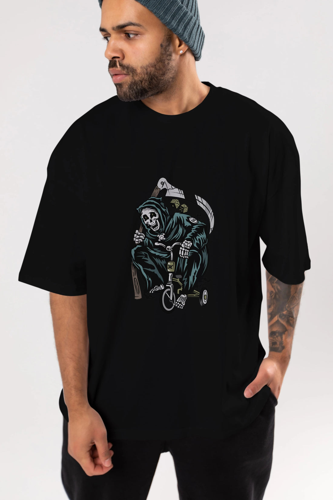 Grim Reaper Bicycle Ön Baskılı Oversize t-shirt Erkek Kadın Unisex %100 Pamuk tişort