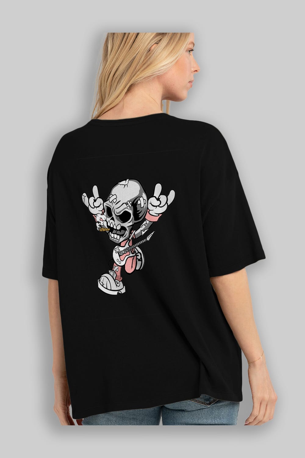 Skull Metal Sign Arka Baskılı Oversize t-shirt Erkek Kadın Unisex %100 Pamuk tişort