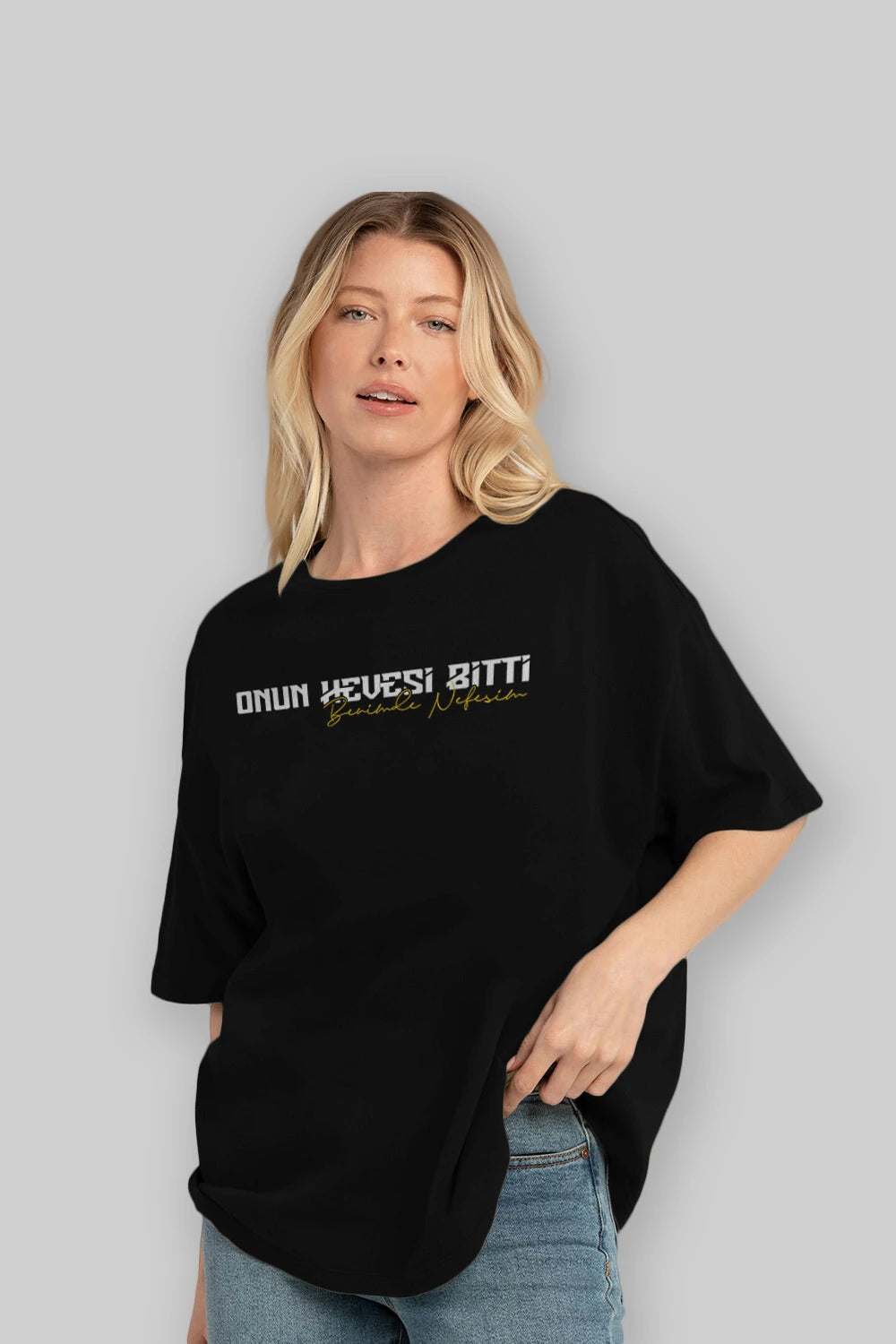 Onun Hevesi Bitti Benim Ön Baskılı Oversize t-shirt %100 pamuk Erkek Kadın Unisex