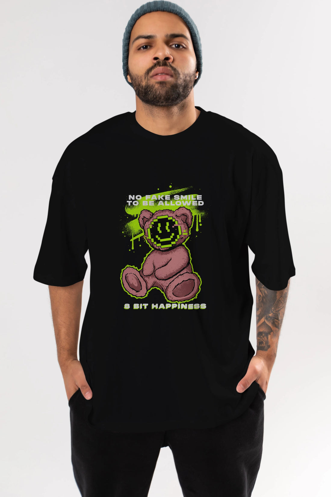 No Fake Smile Bear Ön Baskılı Oversize t-shirt Erkek Kadın Unisex