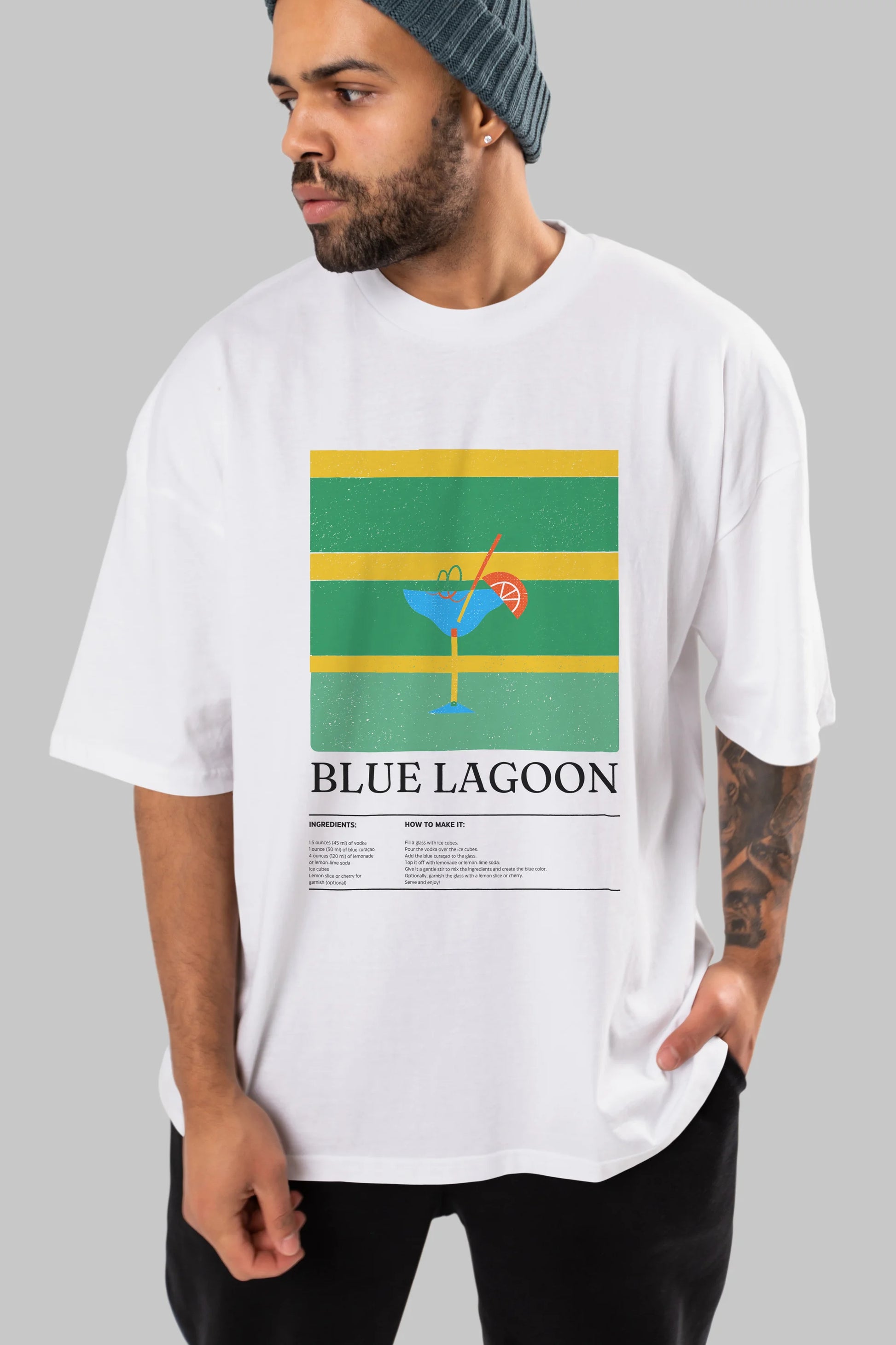 Blue Lagoon Kokteyl Ön Baskılı Oversize t-shirt Erkek Kadın %100 Pamuk Bisiklet Yaka tişort