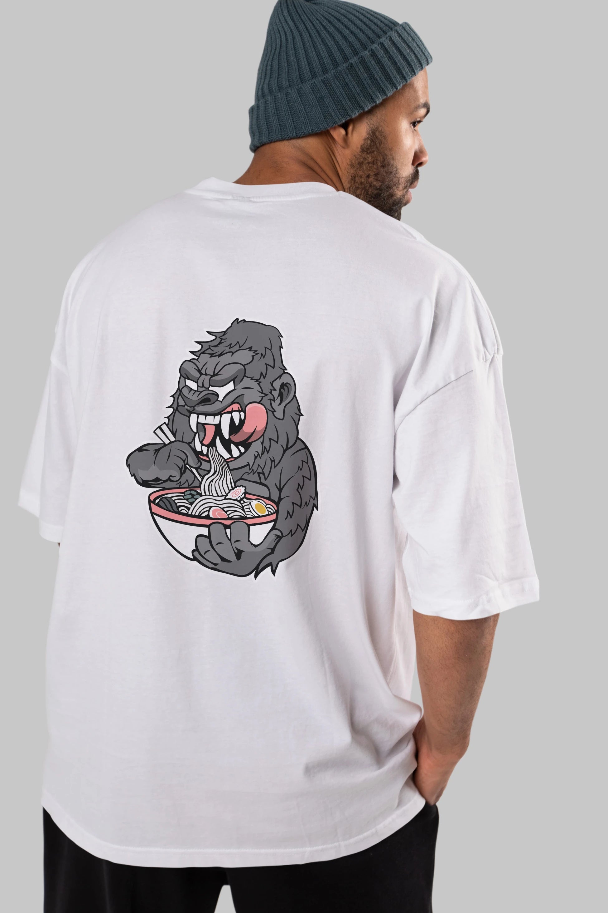 Big Gorilla Ramen Arka Baskılı Oversize t-shirt Erkek Kadın Unisex %100 Pamuk tişort