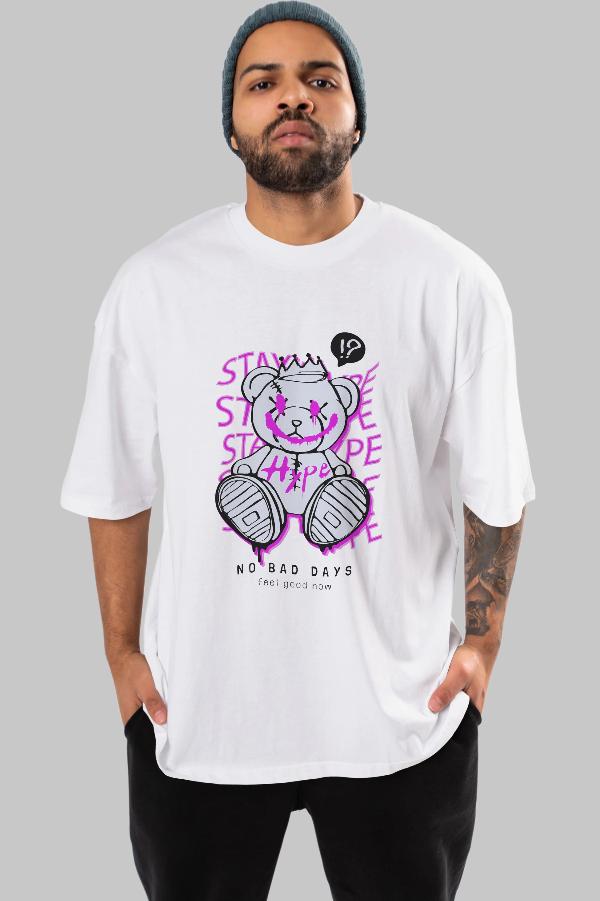 Stay Hype Bear Ön Baskılı Oversize t-shirt Erkek Kadın Unisex
