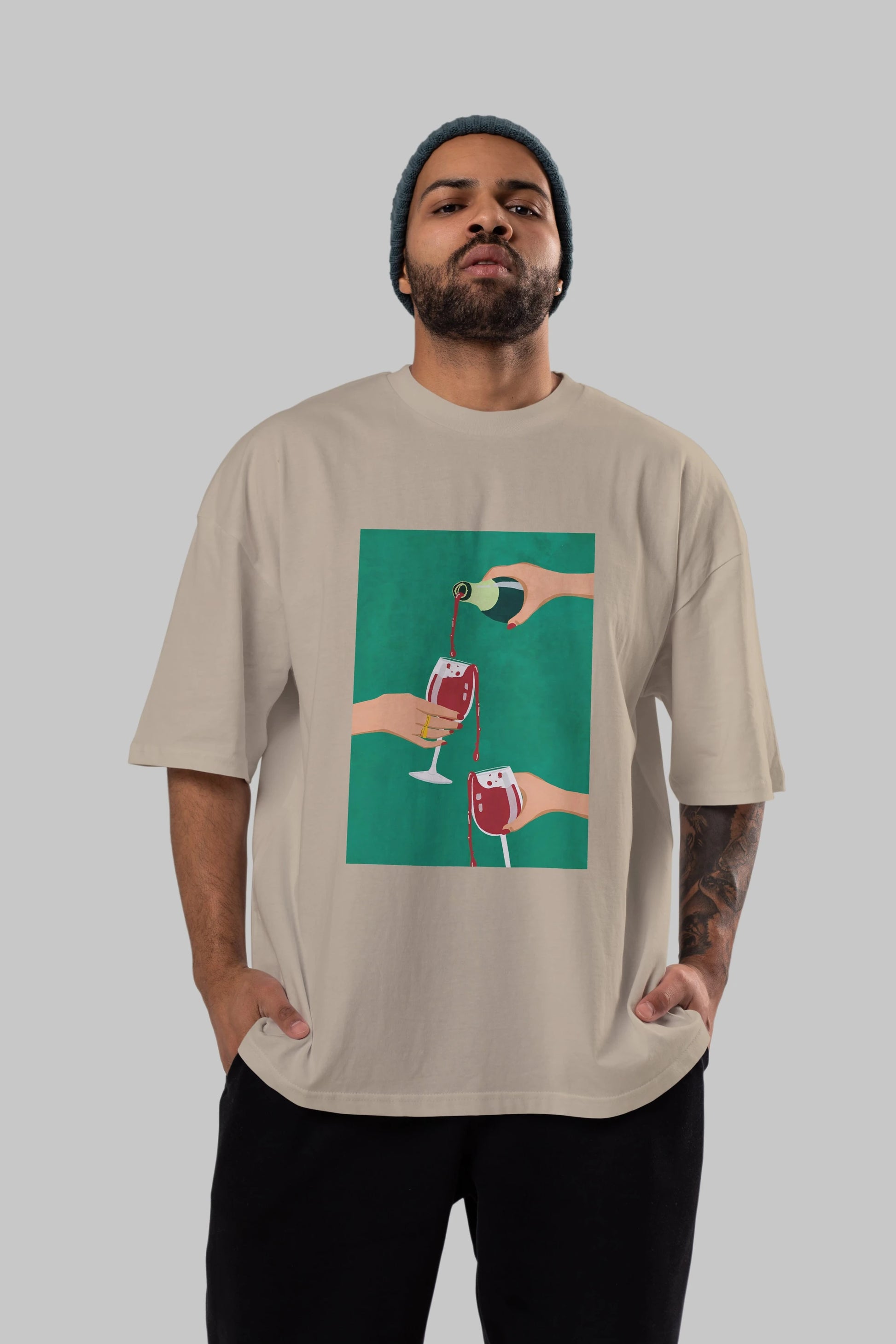 Wine 2 Ön Baskılı Oversize t-shirt Erkek Kadın Unisex %100 Pamuk Bisiklet Yaka tişort