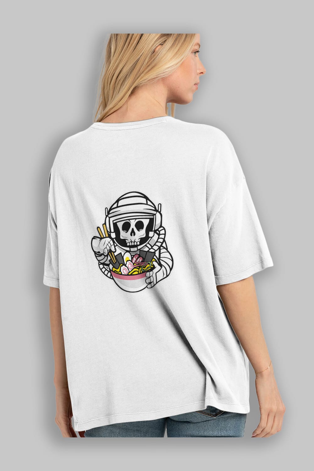 Astronaut Ramen Arka Baskılı Oversize t-shirt Erkek Kadın Unisex %100 Pamuk tişort