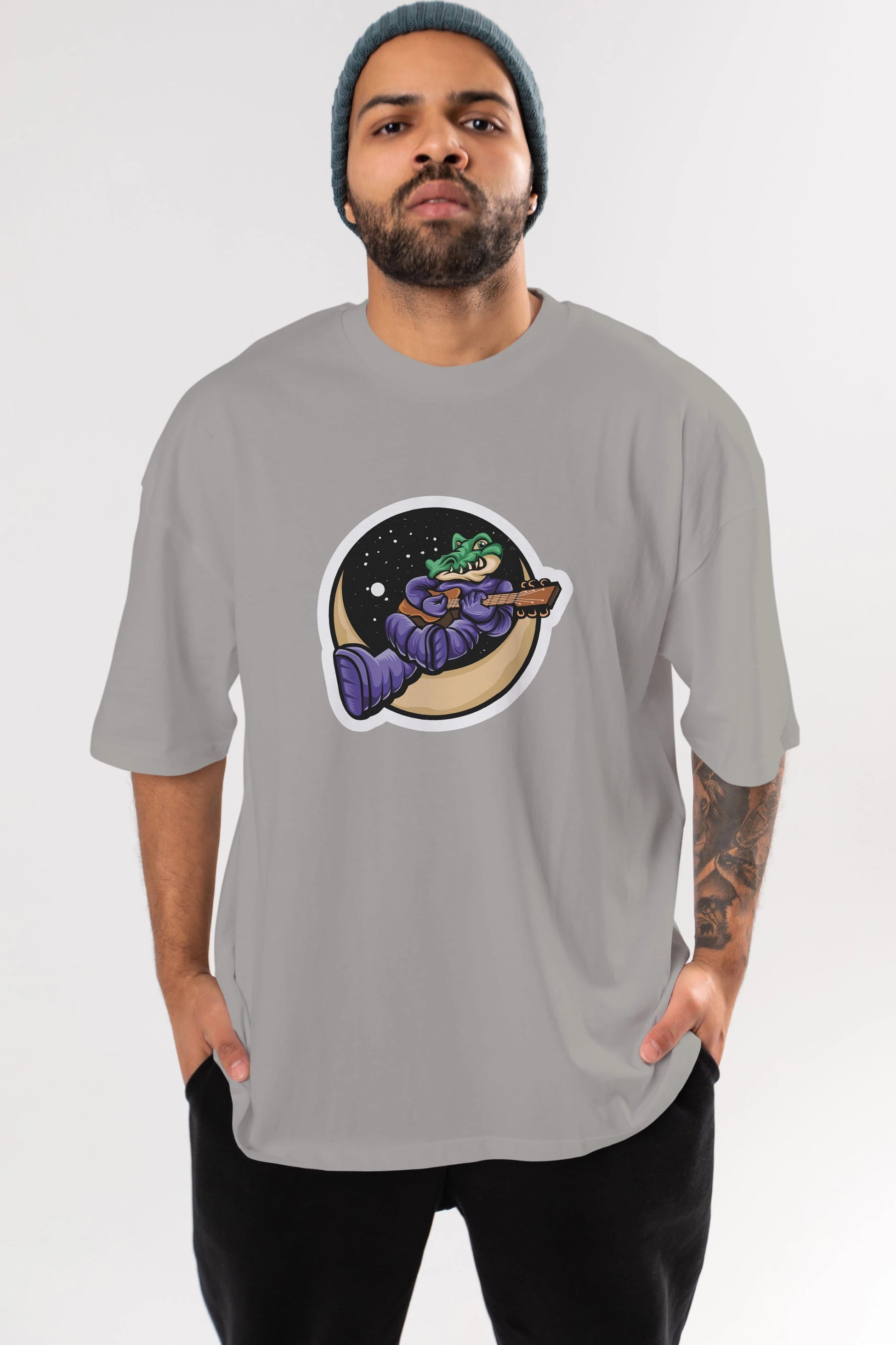 Space Crocodile Sticker Ön Baskılı Oversize t-shirt Erkek Kadın Unisex